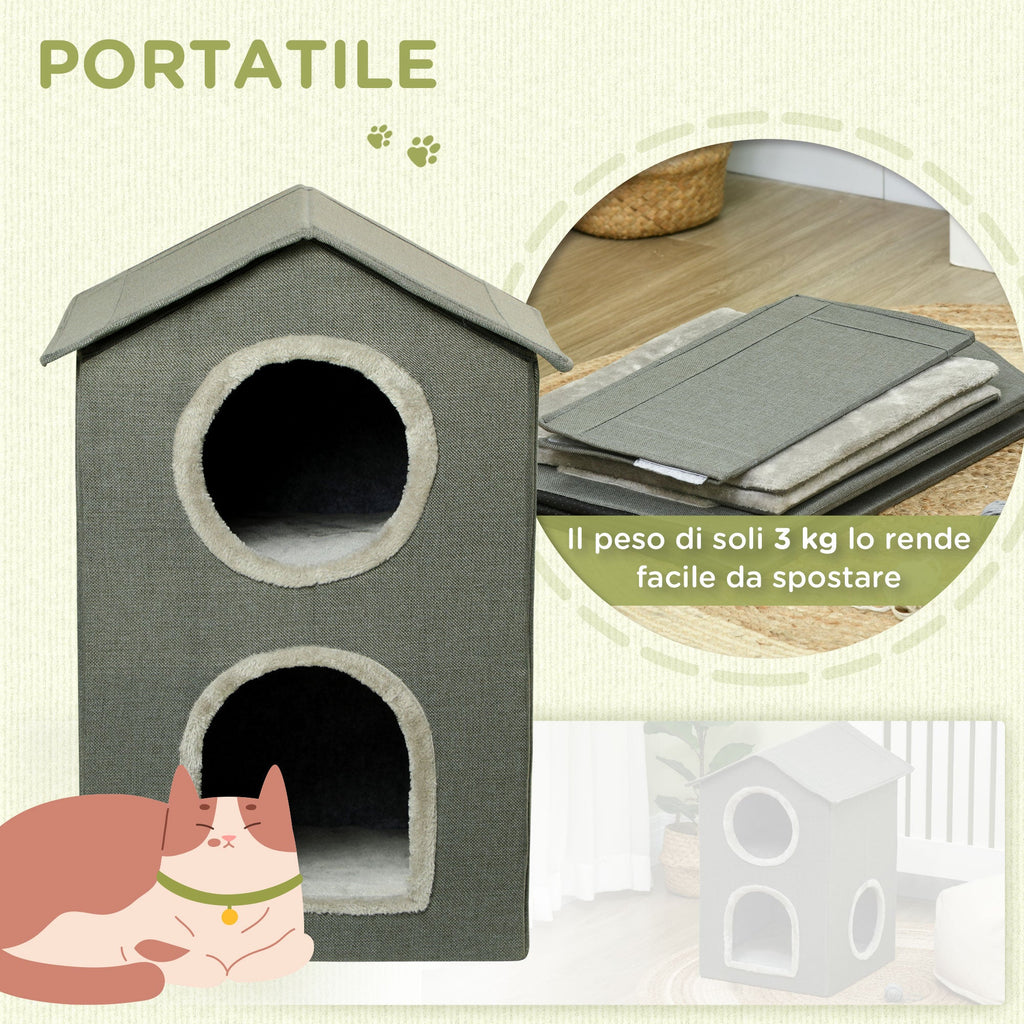 Easycomfort Casetta per Gatti a Due Livelli with Cuscini Lavabili 3 entrate, 42x46x59.5 cm, Grigio
