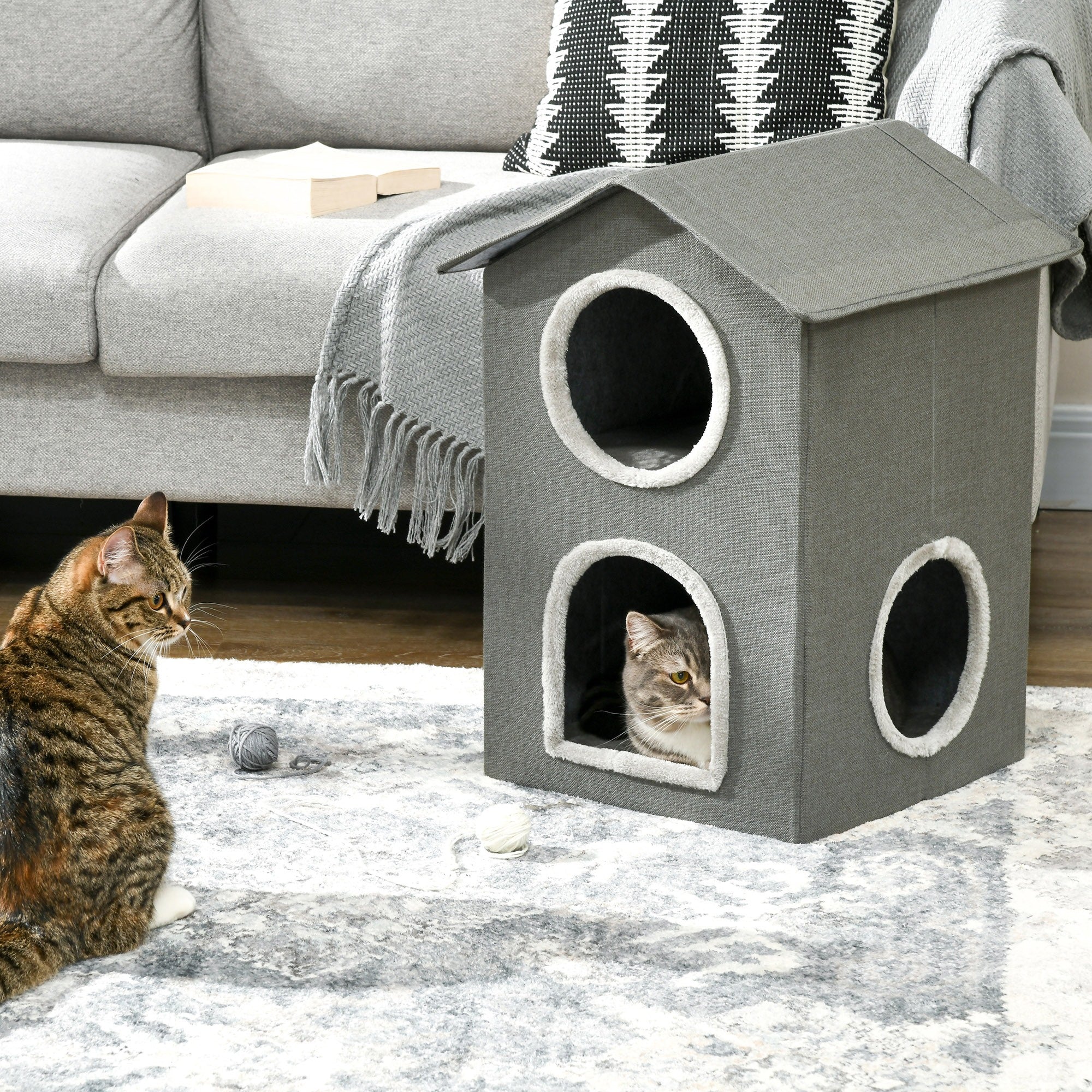 Easycomfort Casetta per Gatti a Due Livelli with Cuscini Lavabili 3 entrate, 42x46x59.5 cm, Grigio