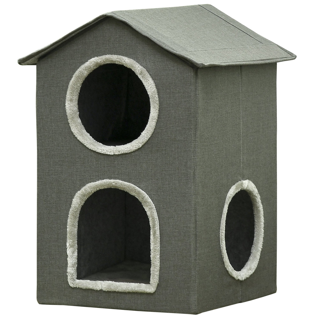 Easycomfort Casetta per Gatti a Due Livelli with Cuscini Lavabili 3 entrate, 42x46x59.5 cm, Grigio