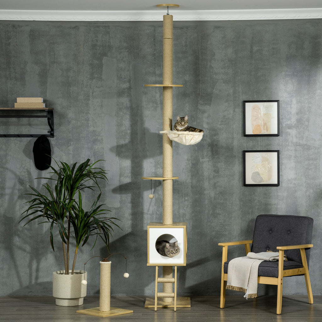 EASYCOMFORT Adjustable Height Chipboard Cat Tree with Scratching Post, House, Hammock and Ball, 40x40x225-285 cm