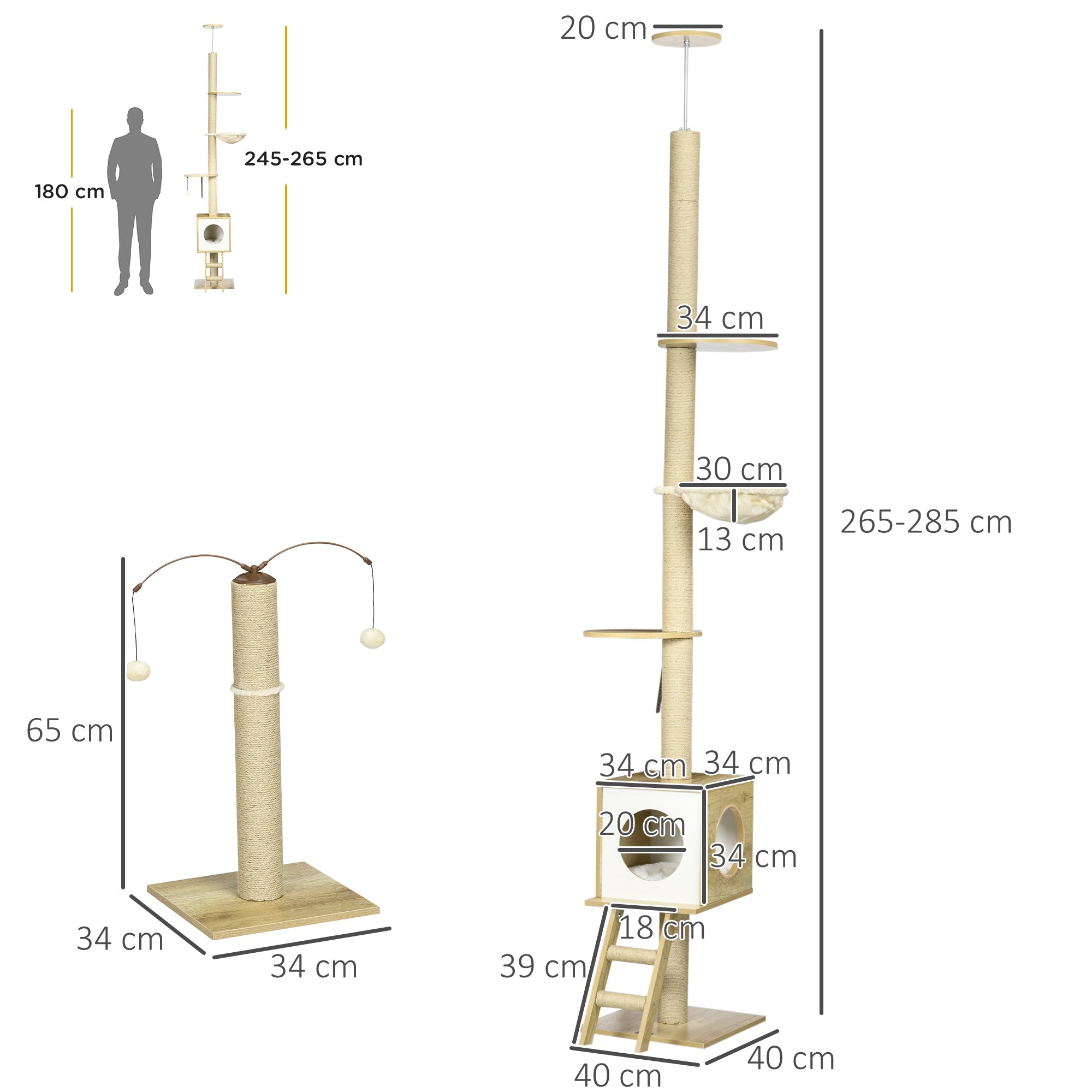 EASYCOMFORT Adjustable Height Chipboard Cat Tree with Scratching Post, House, Hammock and Ball, 40x40x225-285 cm