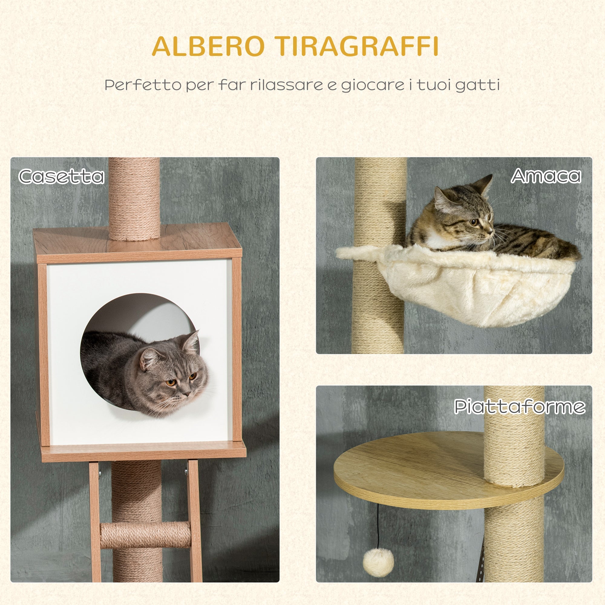 EASYCOMFORT Adjustable Height Chipboard Cat Tree with Scratching Post, House, Hammock and Ball, 40x40x225-285 cm