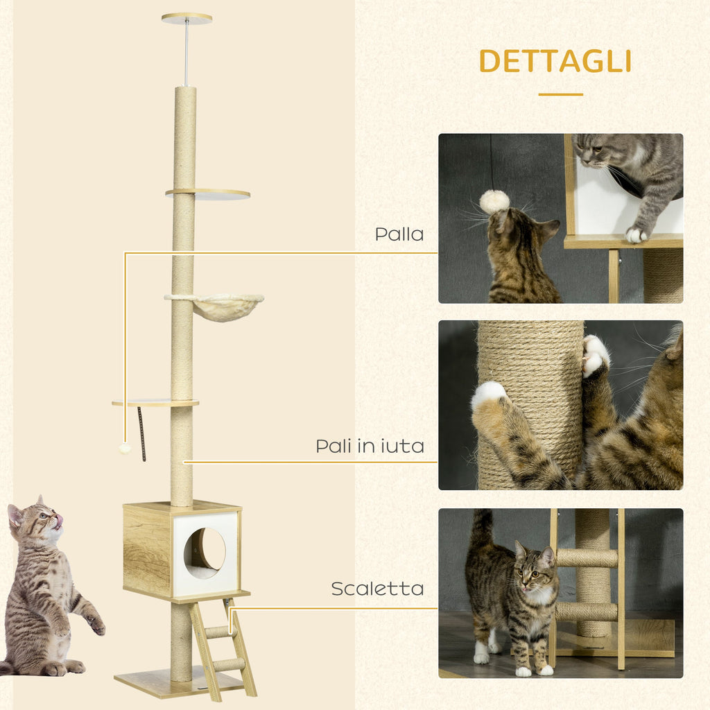 EASYCOMFORT Adjustable Height Chipboard Cat Tree with Scratching Post, House, Hammock and Ball, 40x40x225-285 cm