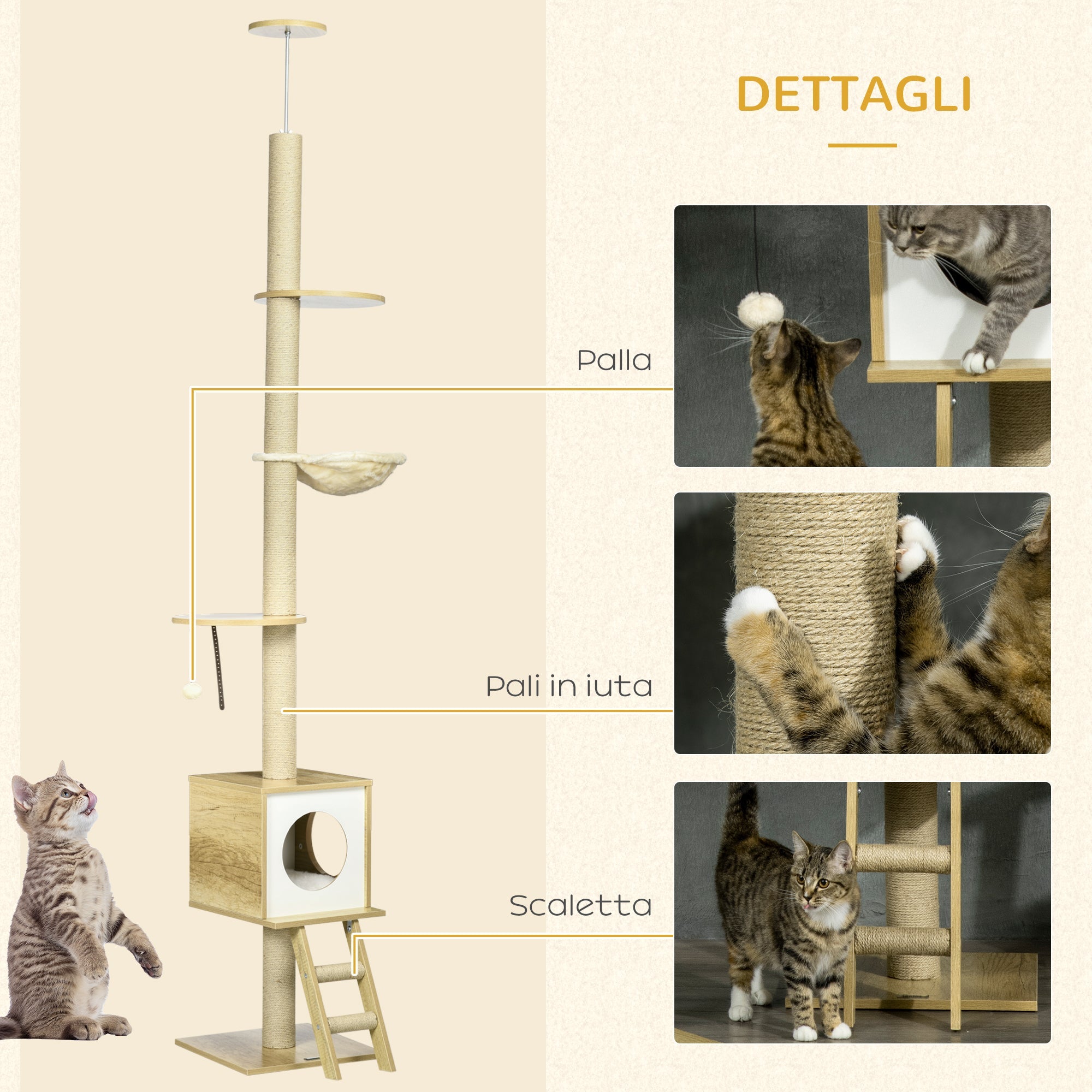 EASYCOMFORT Adjustable Height Chipboard Cat Tree with Scratching Post, House, Hammock and Ball, 40x40x225-285 cm