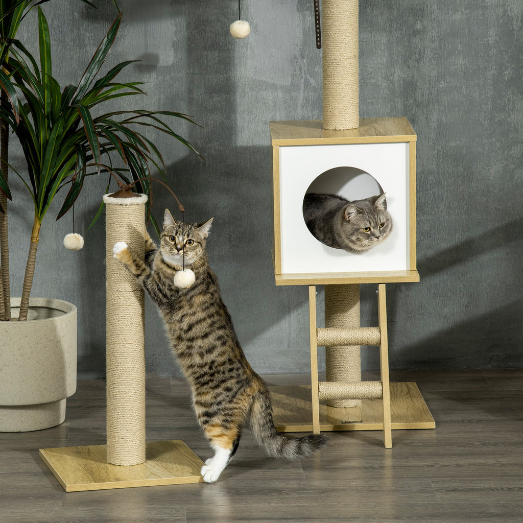 EASYCOMFORT Adjustable Height Chipboard Cat Tree with Scratching Post, House, Hammock and Ball, 40x40x225-285 cm