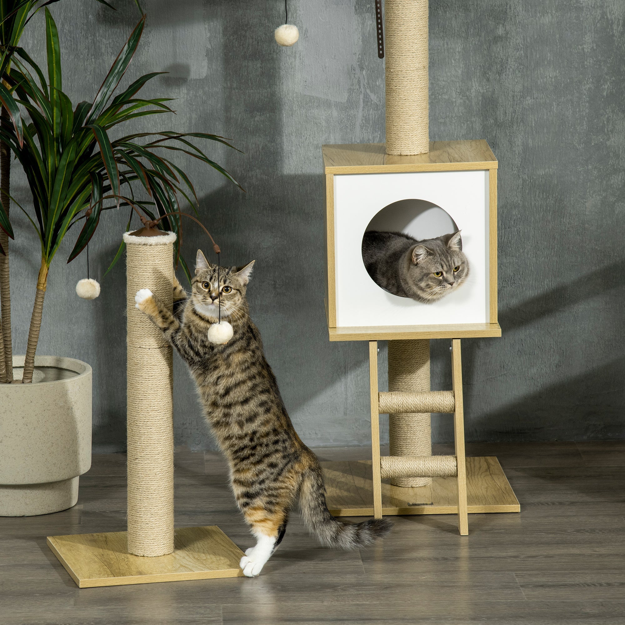 EASYCOMFORT Adjustable Height Chipboard Cat Tree with Scratching Post, House, Hammock and Ball, 40x40x225-285 cm