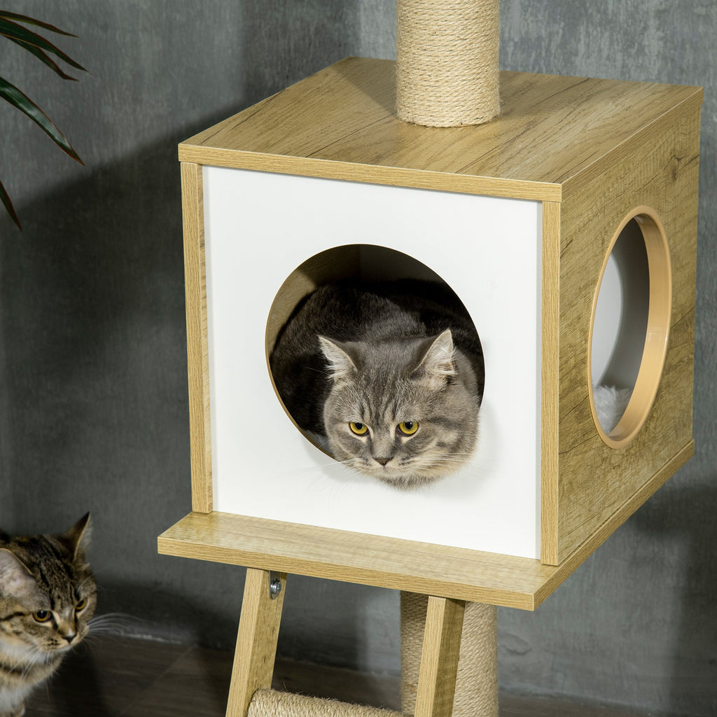 EASYCOMFORT Adjustable Height Chipboard Cat Tree with Scratching Post, House, Hammock and Ball, 40x40x225-285 cm