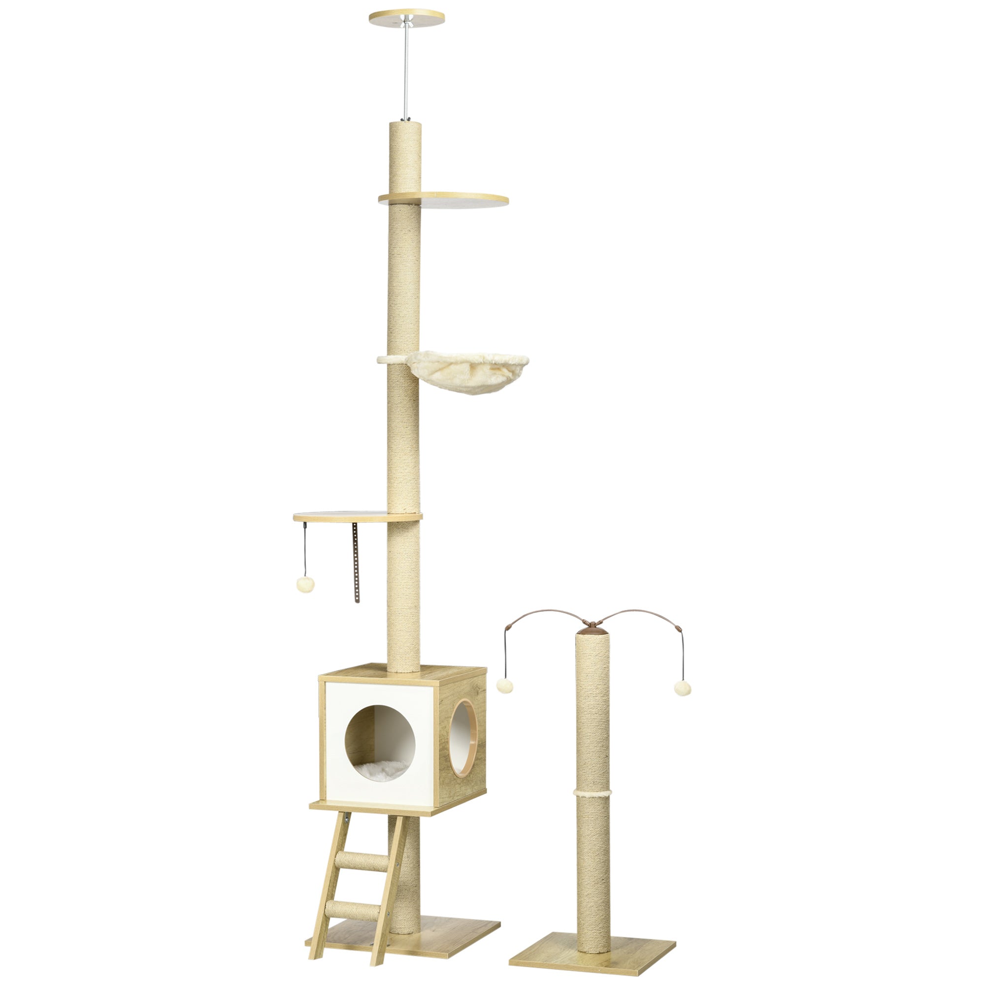 EASYCOMFORT Adjustable Height Chipboard Cat Tree with Scratching Post, House, Hammock and Ball, 40x40x225-285 cm