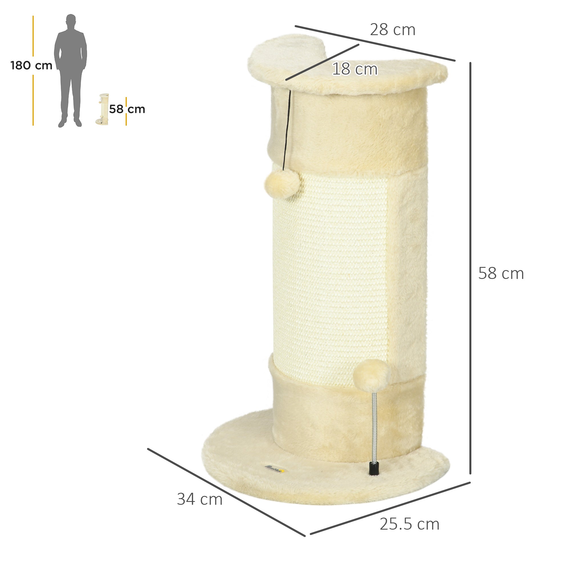 EASYCOMFORT Scratching Tree for Cats up to 5kg with 2 Sisal Balls and Plush, 34x25.5x58cm, Beige