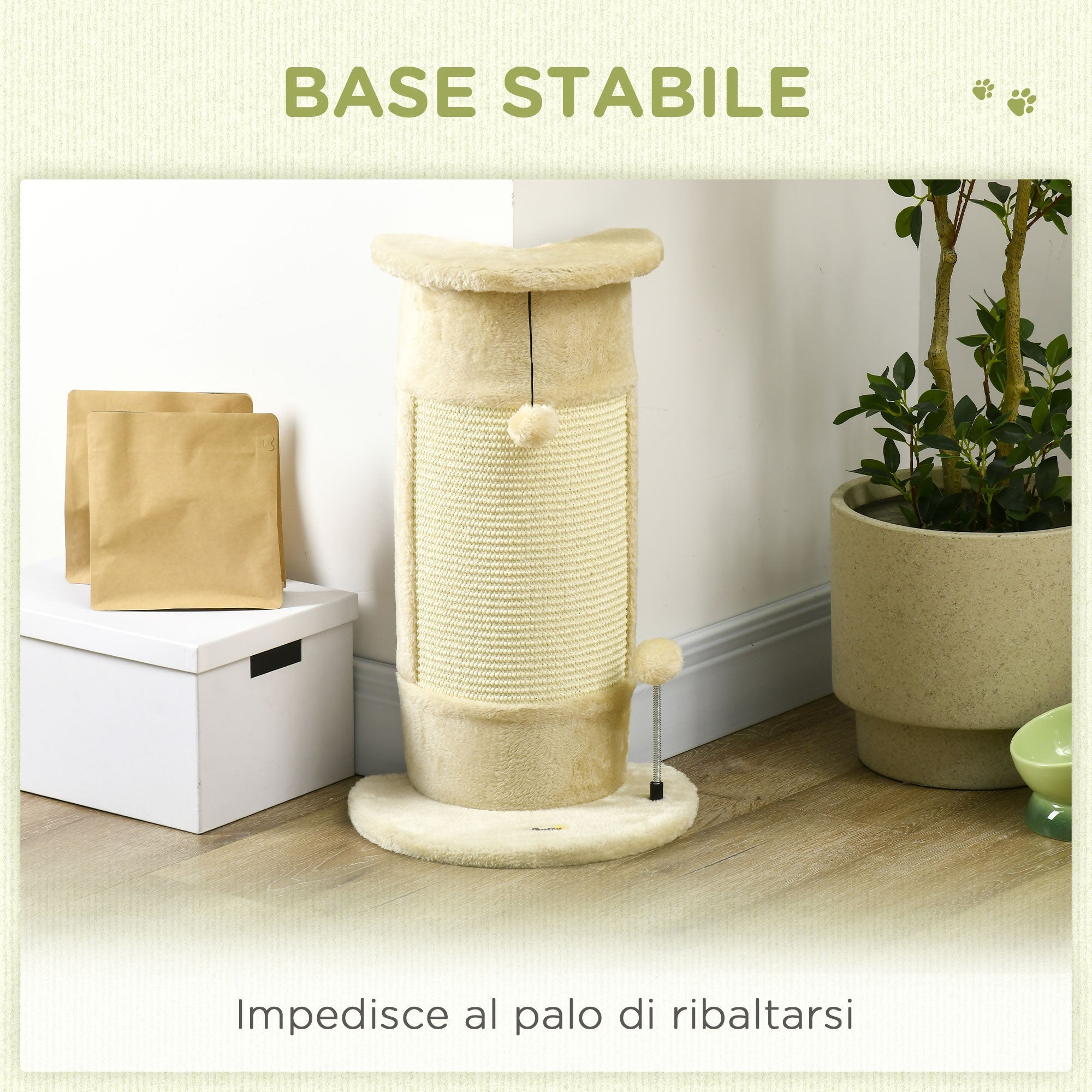 EASYCOMFORT Scratching Tree for Cats up to 5kg with 2 Sisal Balls and Plush, 34x25.5x58cm, Beige