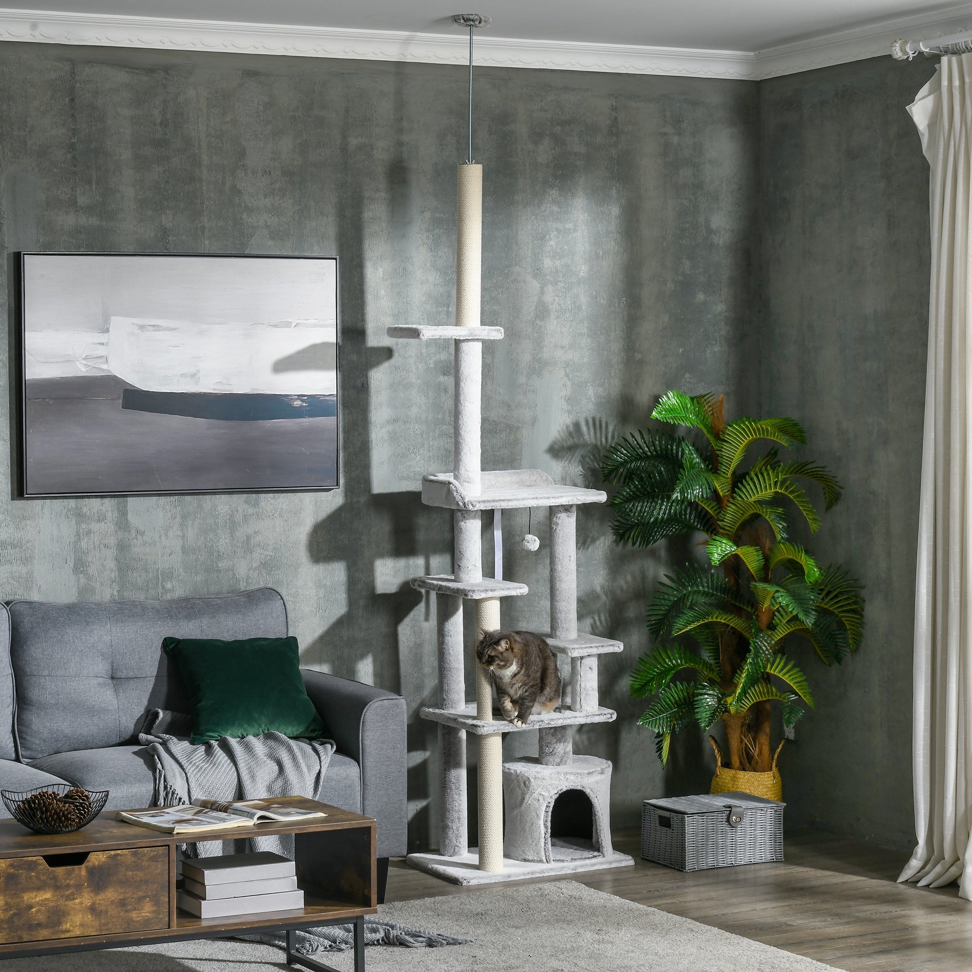 Easycomfort Albero Tiragraffi per Gatti a Soffitto with Piattaforme e Casetta, 60x40x225-255cm, Grigio