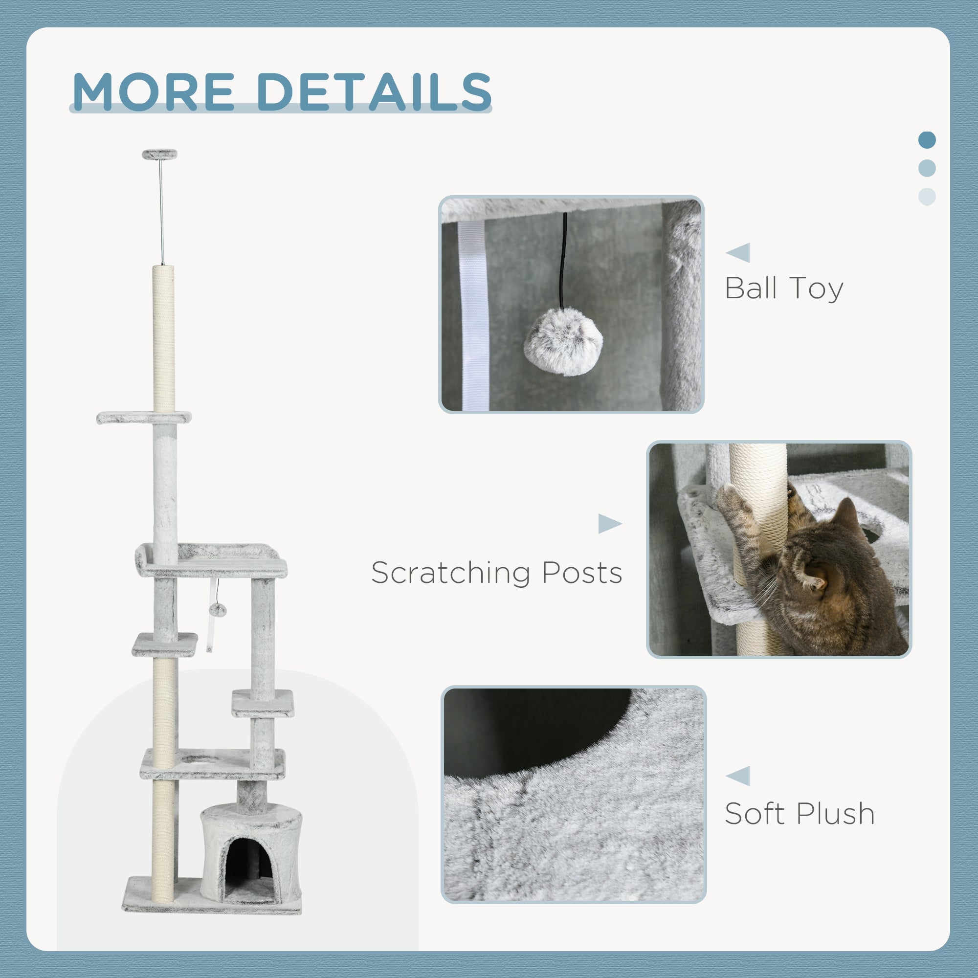 Easycomfort Albero Tiragraffi per Gatti a Soffitto with Piattaforme e Casetta, 60x40x225-255cm, Grigio