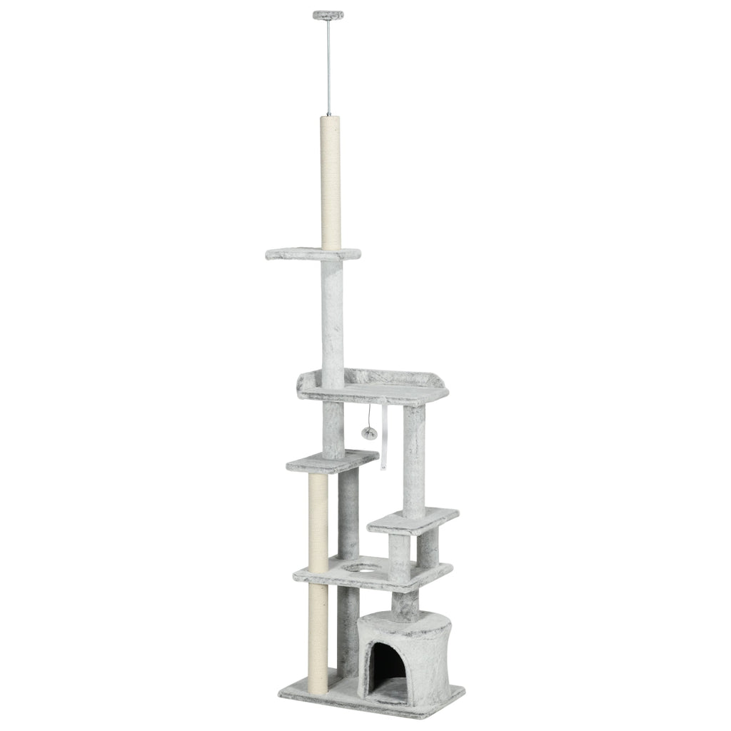 Easycomfort Albero Tiragraffi per Gatti a Soffitto with Piattaforme e Casetta, 60x40x225-255cm, Grigio