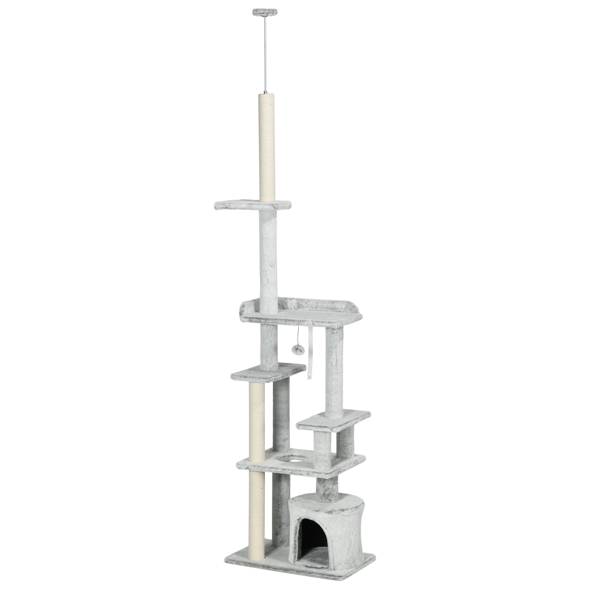 Easycomfort Albero Tiragraffi per Gatti a Soffitto with Piattaforme e Casetta, 60x40x225-255cm, Grigio