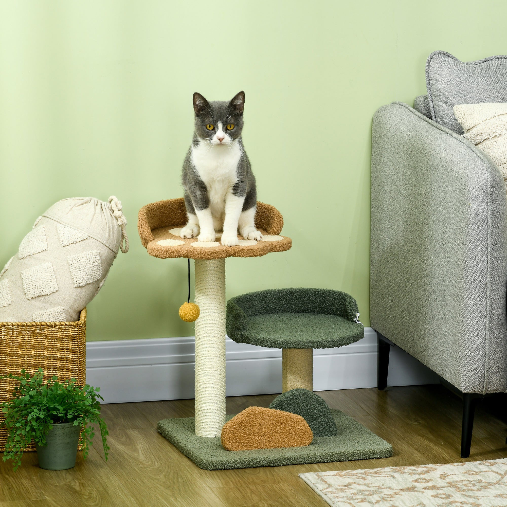EASYCOMFORT Scratching Post for Cats with 2 Beds, Ball and Velvet Cover, 43x39x52cm
