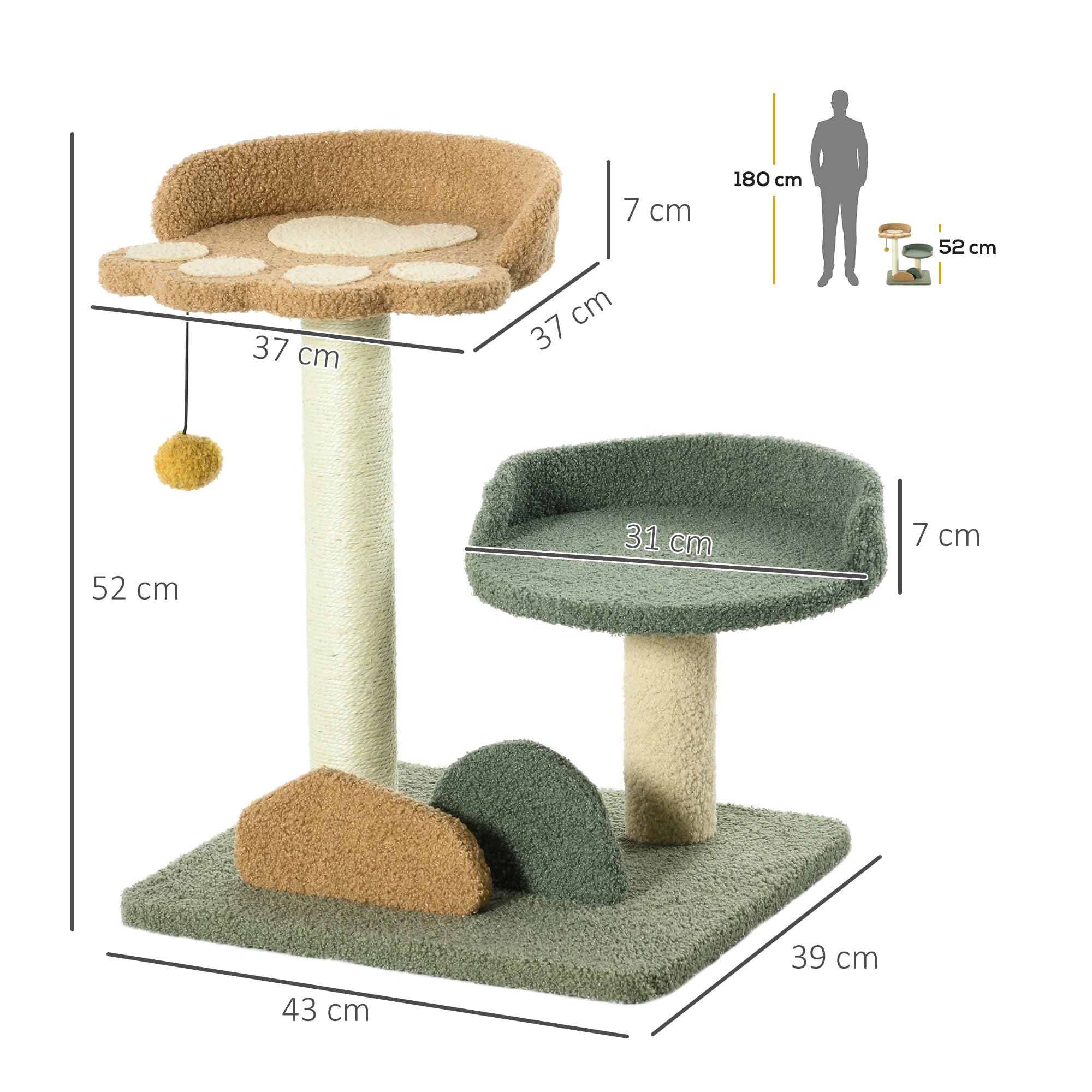 EASYCOMFORT Scratching Post for Cats with 2 Beds, Ball and Velvet Cover, 43x39x52cm