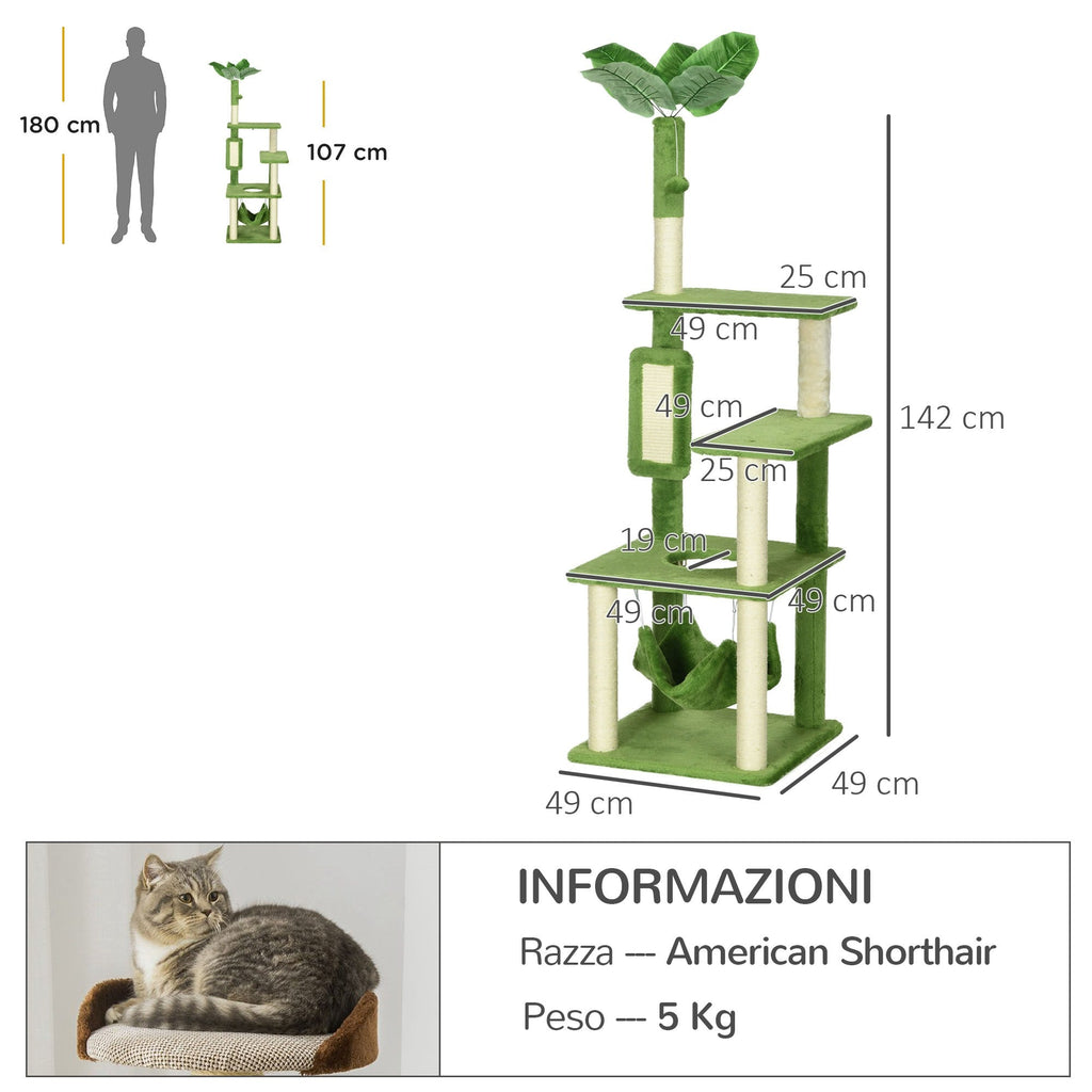 Easycomfort Albero Tiragraffi per Gatti with Amaca, Pallina e Tiragraffi in Sisal, 49x49x142cm, Verde