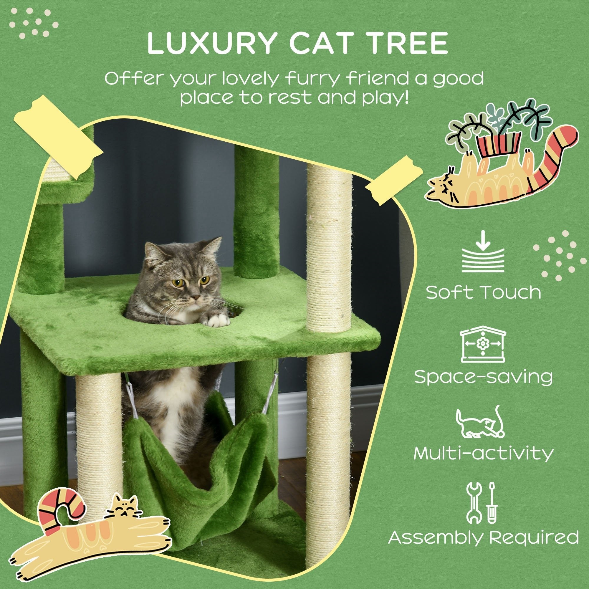 Easycomfort Albero Tiragraffi per Gatti with Amaca, Pallina e Tiragraffi in Sisal, 49x49x142cm, Verde