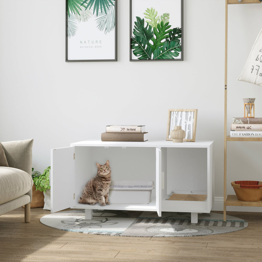 EASYCOMFORT Wooden Cat Litter Cabinet, 2 Doors and Side Opening with Scratching Post