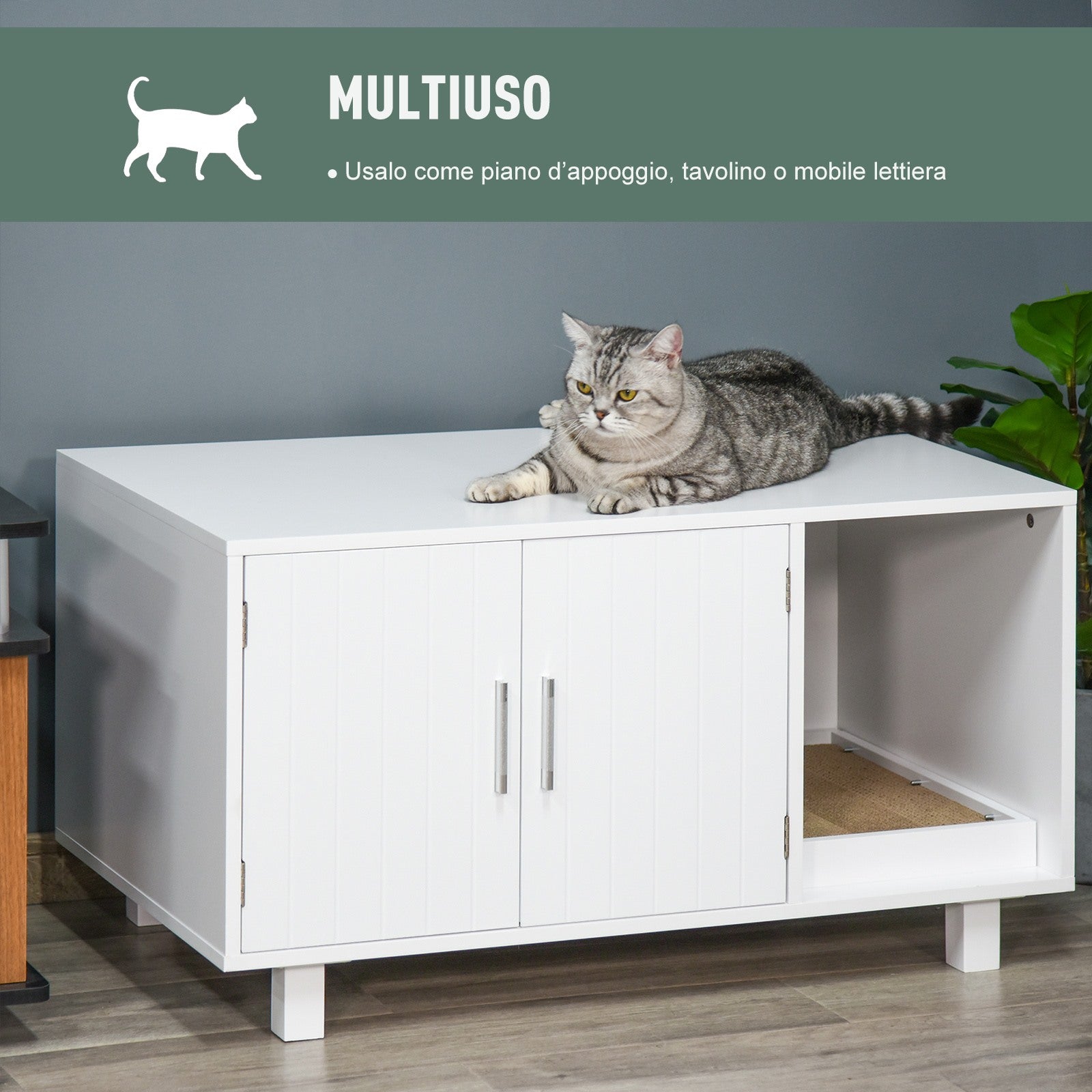 EASYCOMFORT Wooden Cat Litter Cabinet, 2 Doors and Side Opening with Scratching Post