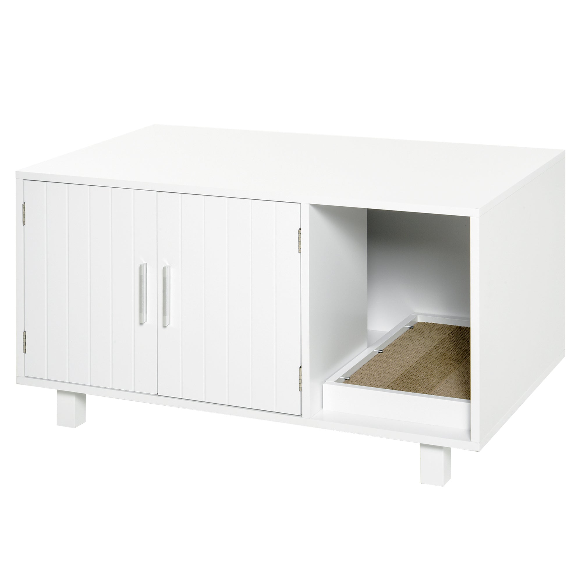 EASYCOMFORT Wooden Cat Litter Cabinet, 2 Doors and Side Opening with Scratching Post