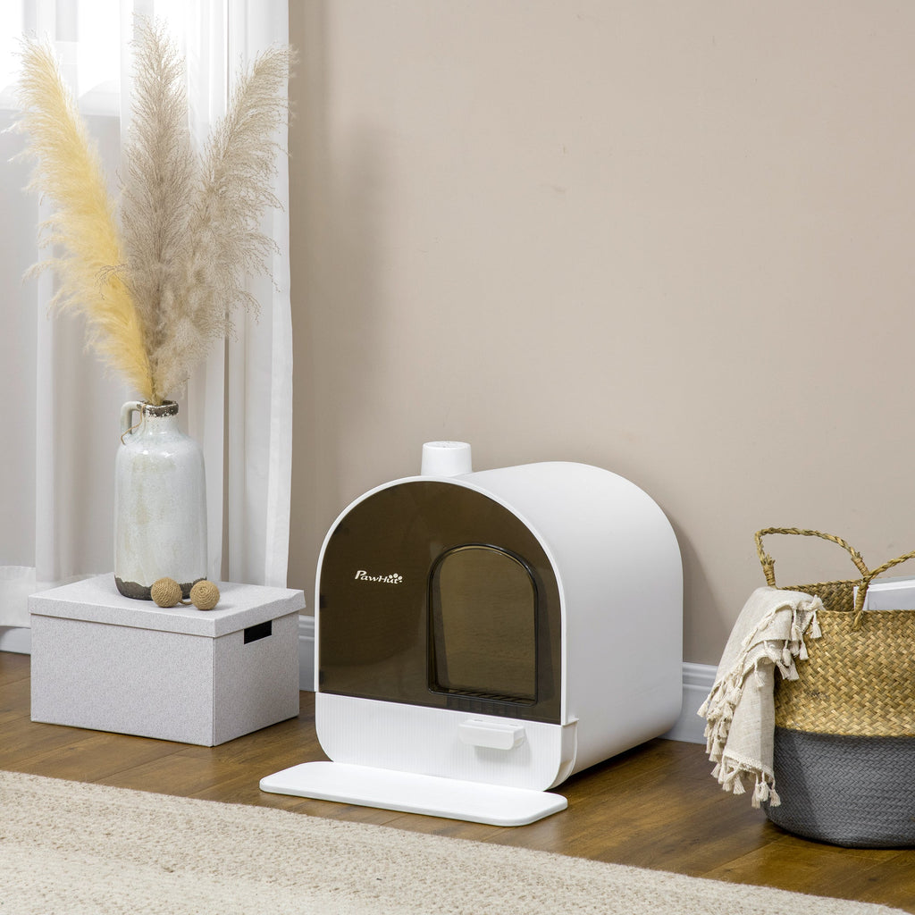 EASYCOMFORT Closed Cat Litter Box with Filters, Scoop and Removable Tray, PP Structure, 43x44x47 cm, White and Black