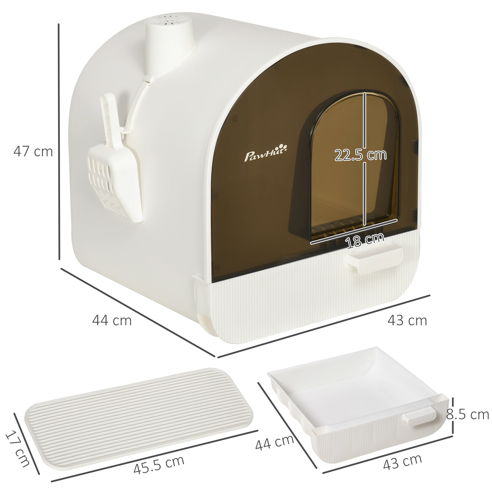 EASYCOMFORT Closed Cat Litter Box with Filters, Scoop and Removable Tray, PP Structure, 43x44x47 cm, White and Black