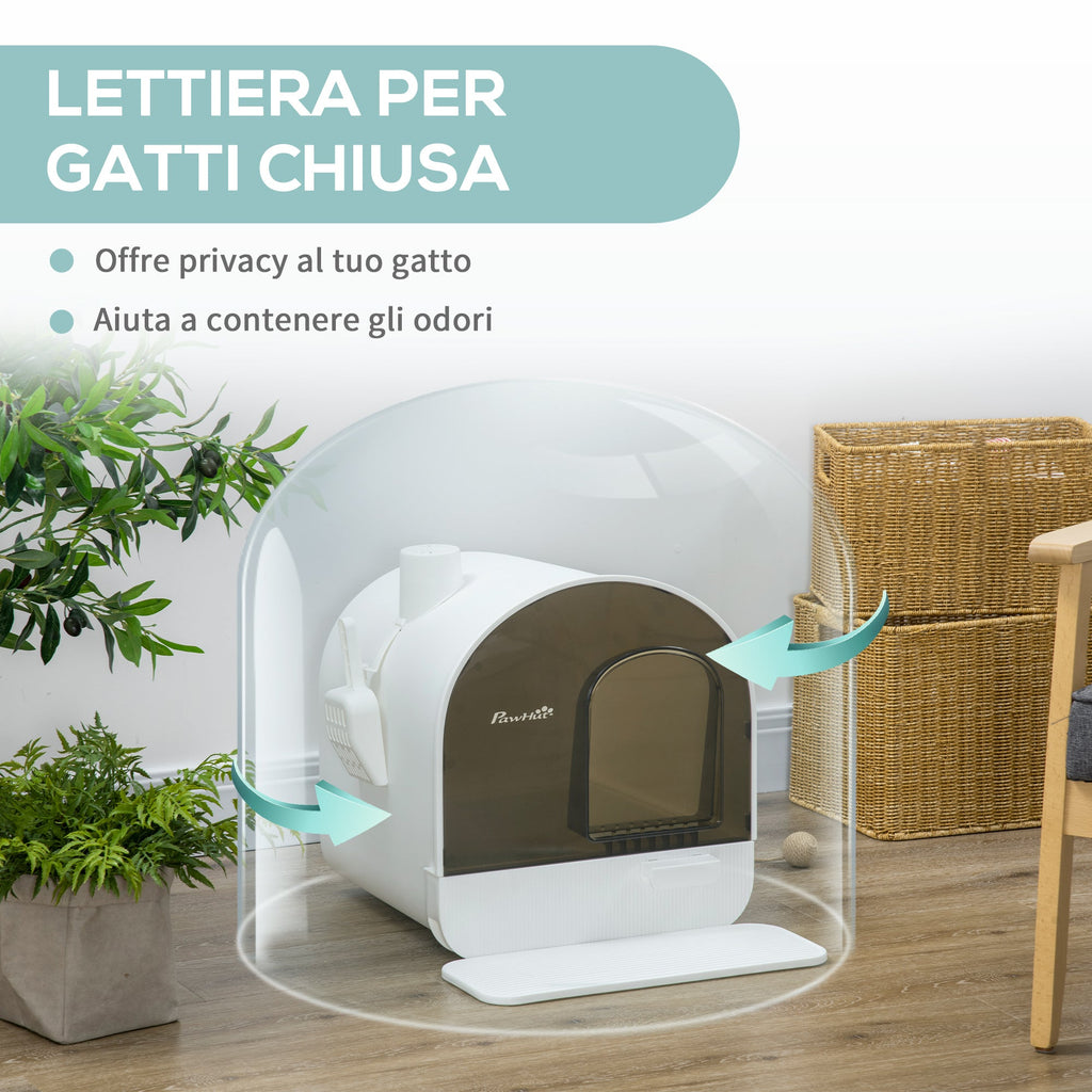 EASYCOMFORT Closed Cat Litter Box with Filters, Scoop and Removable Tray, PP Structure, 43x44x47 cm, White and Black