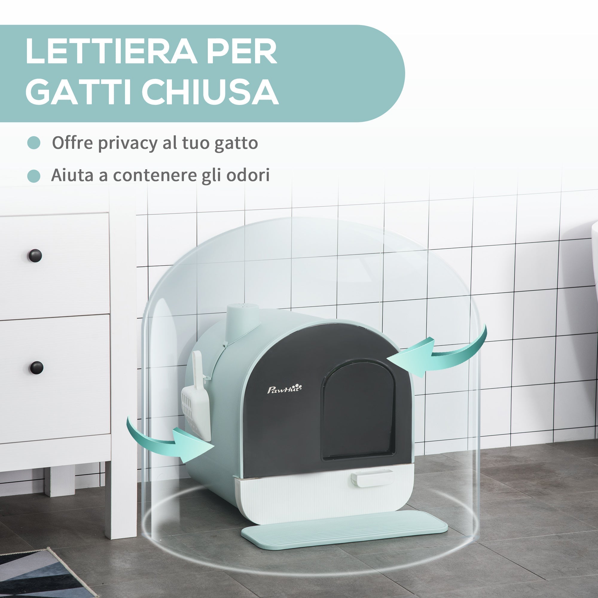 EASYCOMFORT Closed Cat Litter Box with Filters, Scoop and Tray, PP Structure, 43x44x47cm, Green
