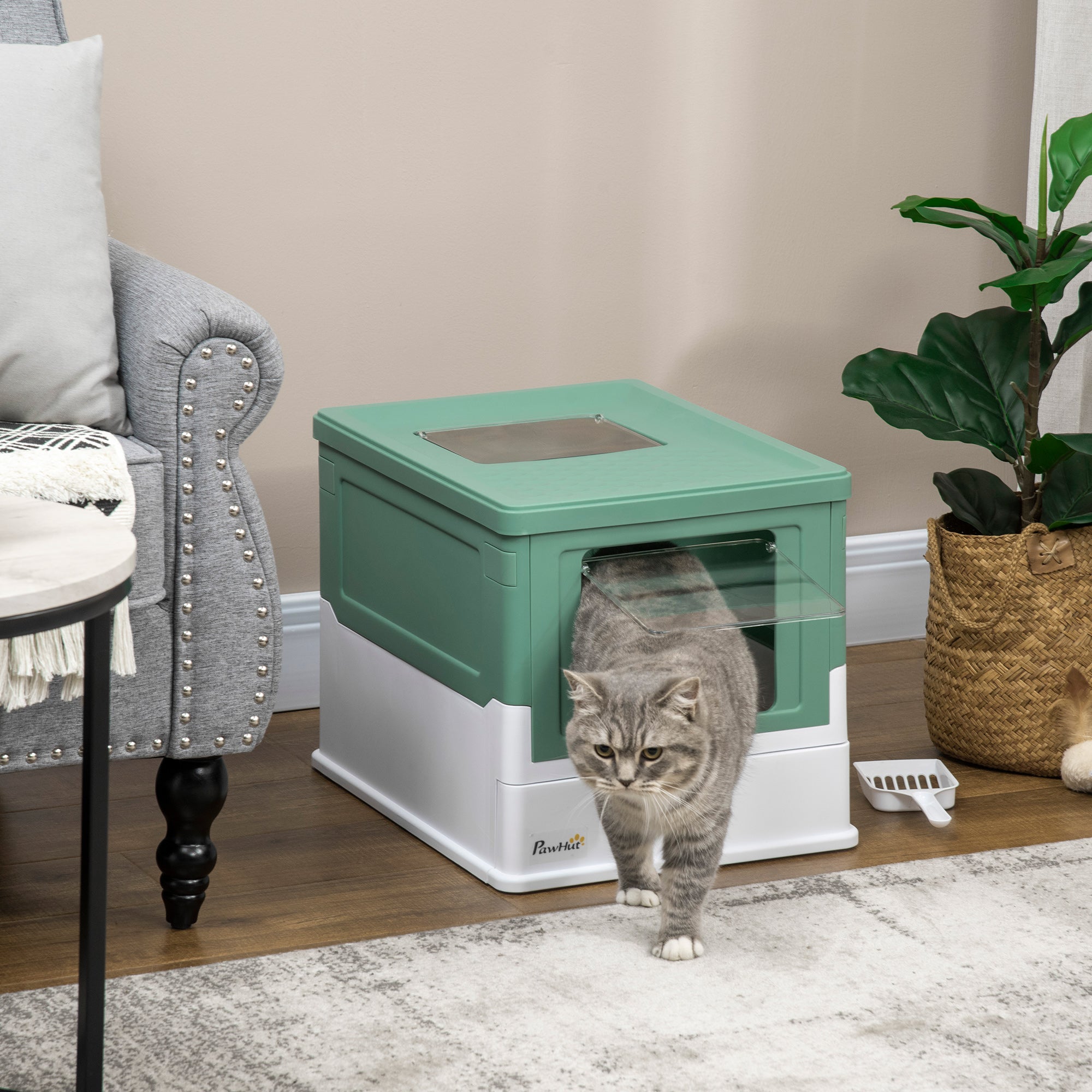 EASYCOMFORT Closed Cat Litter Box with Scoop, Removable Tray and 2 Doors, 47.5x35.5x36.7cm, Green