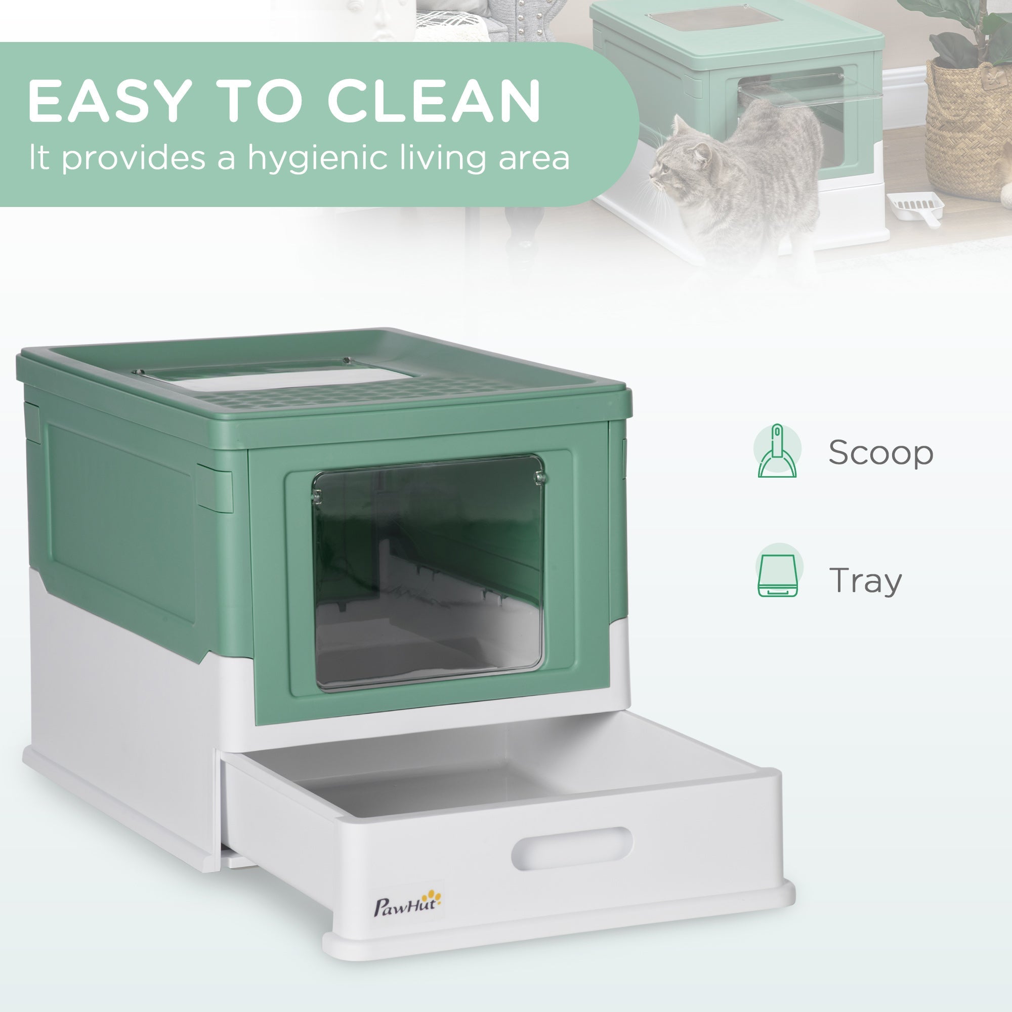 EASYCOMFORT Closed Cat Litter Box with Scoop, Removable Tray and 2 Doors, 47.5x35.5x36.7cm, Green