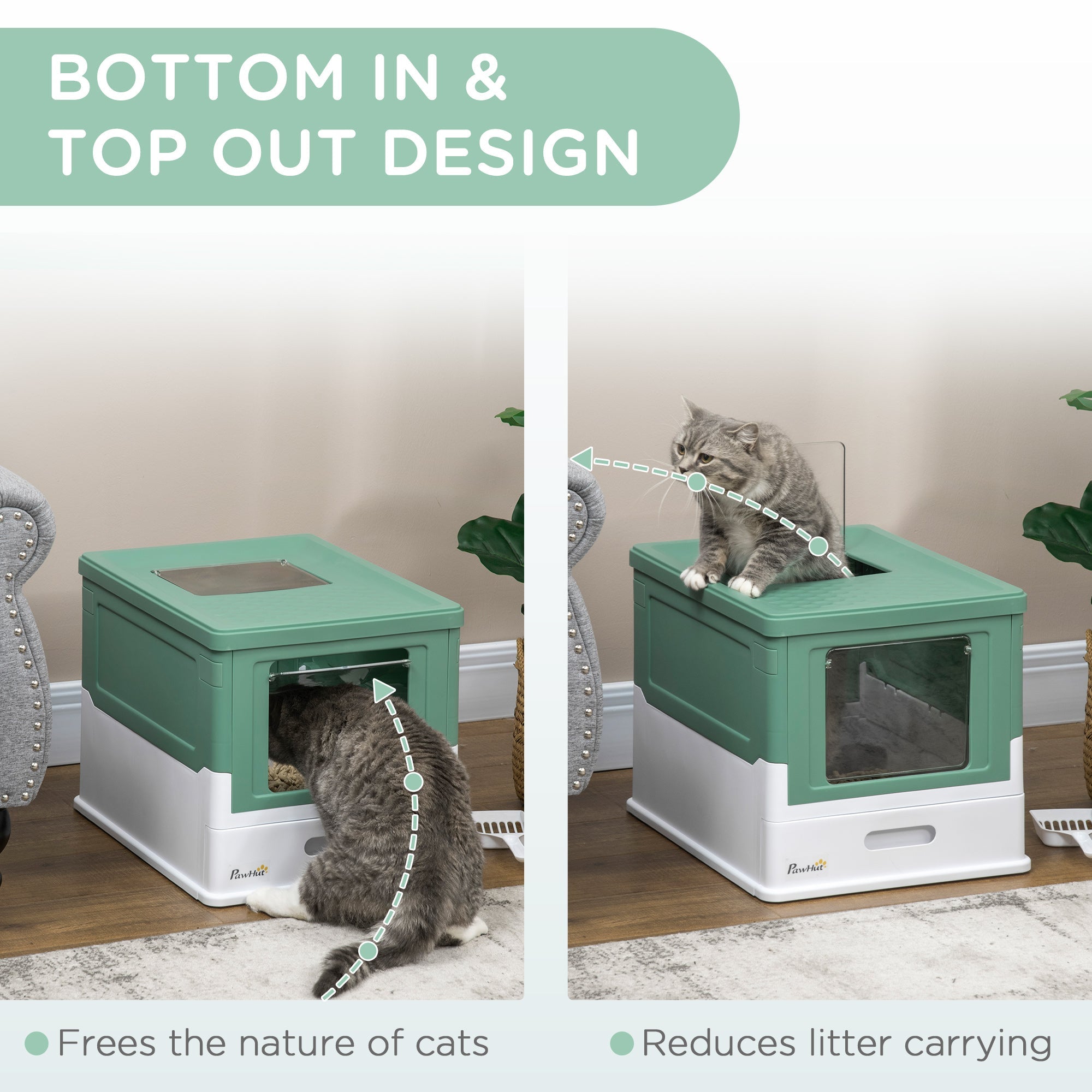 EASYCOMFORT Closed Cat Litter Box with Scoop, Removable Tray and 2 Doors, 47.5x35.5x36.7cm, Green