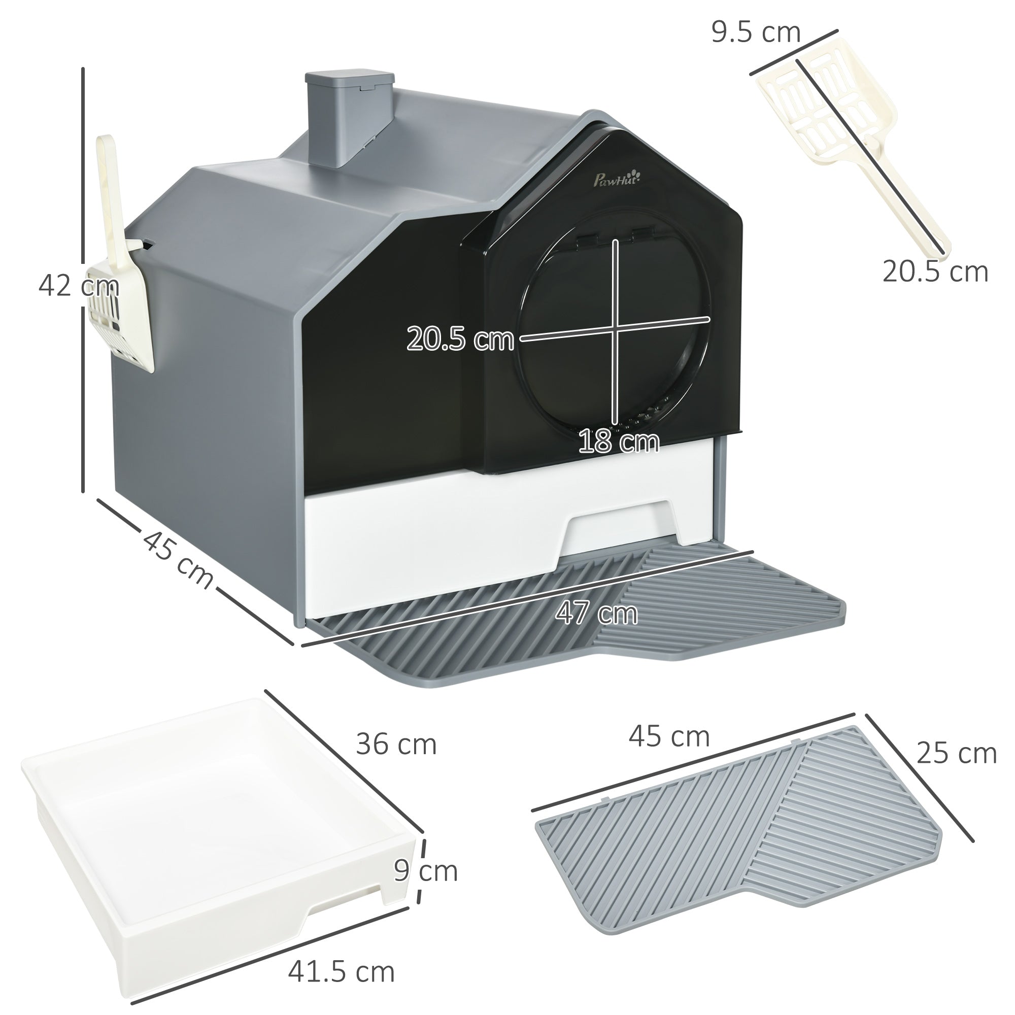 EASYCOMFORT Closed Cat Litter Box with Removable Tray, Mat and Shovel Included, 47x45x42cm, Gray