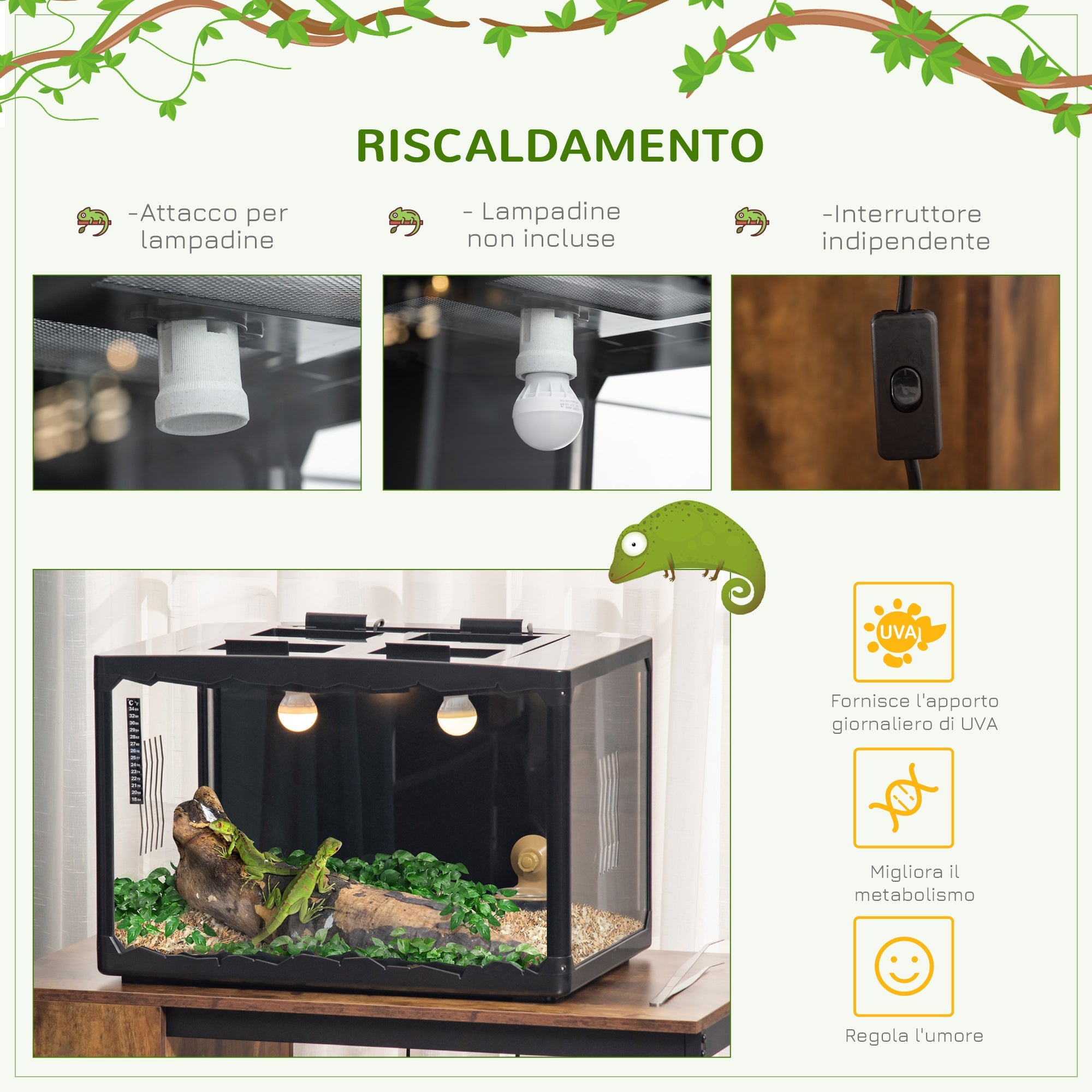 Easycomfort Terrario per Tartarughe di Terra e Rettili with Termometro 18-34?, 60x40x40.5 cm, black