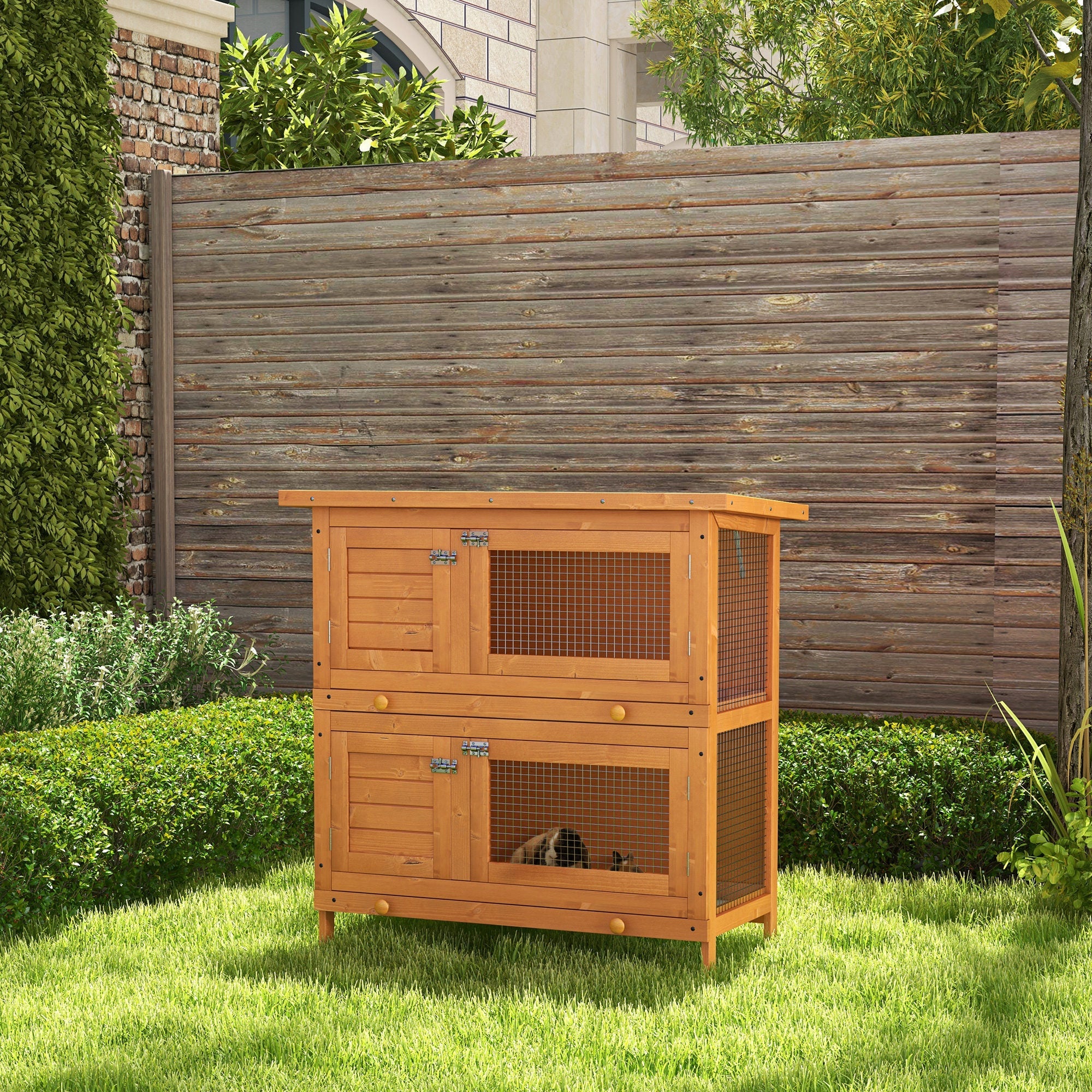 EASYCOMFORT Double-Storey Cage for Rabbits, Outdoor Hutch in Fir Wood, 90x45x90 cm, Wood and Green
