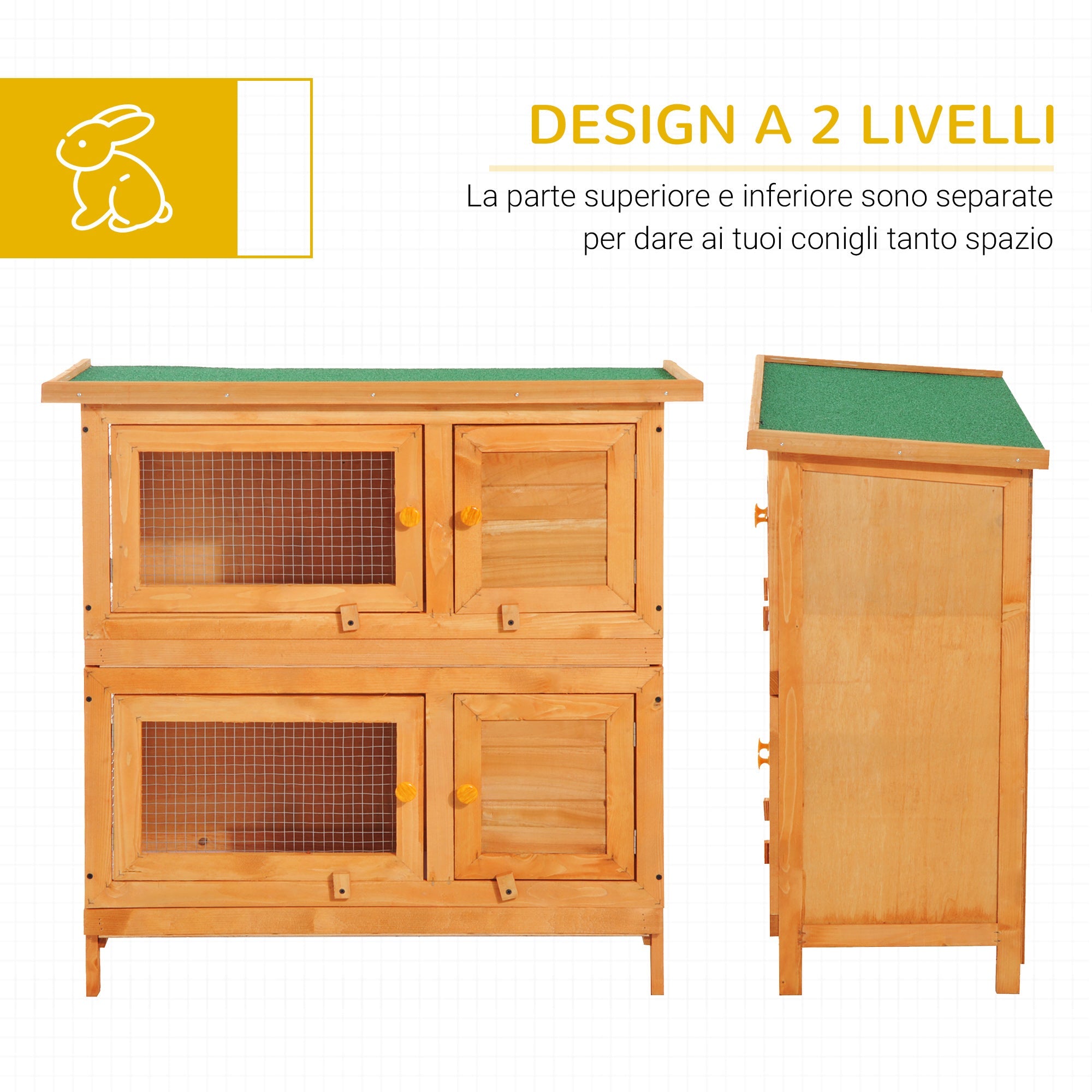 EASYCOMFORT Double-Storey Cage for Rabbits, Outdoor Hutch in Fir Wood, 90x45x90 cm, Wood and Green