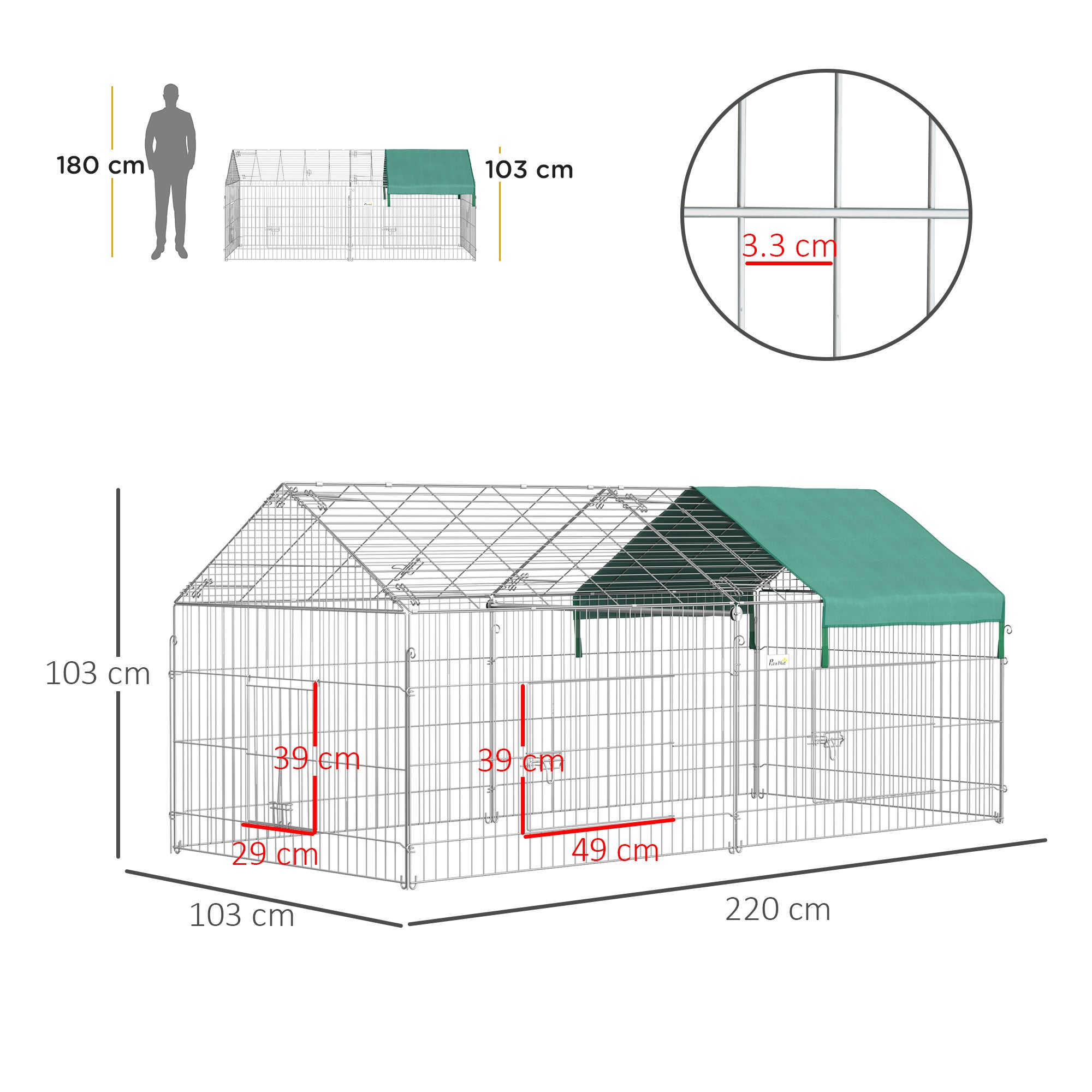 EASYCOMFORT Animal Enclosure with Steel Cover with Doors, 220x103x103cm
