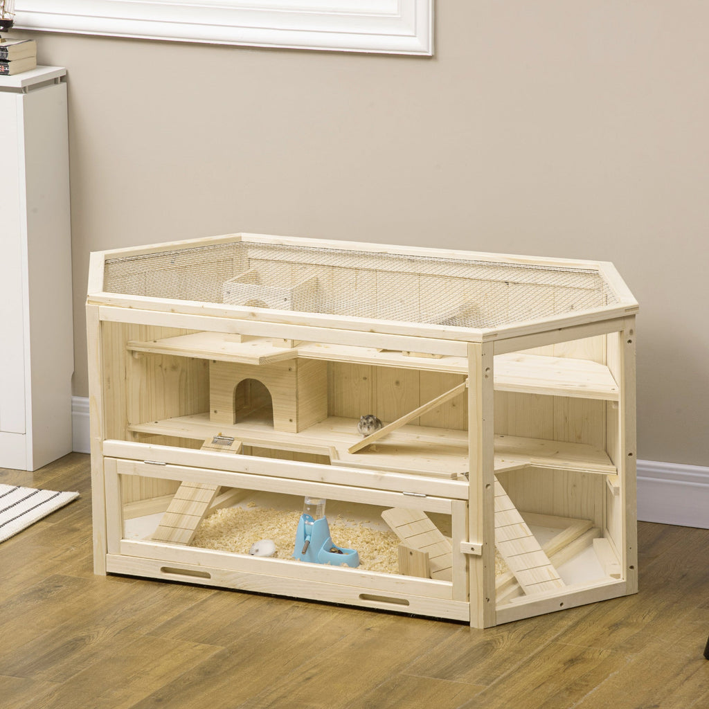 EASYCOMFORT 3-level wooden hamster house with opening roof and transparent wall, 115x60x55cm