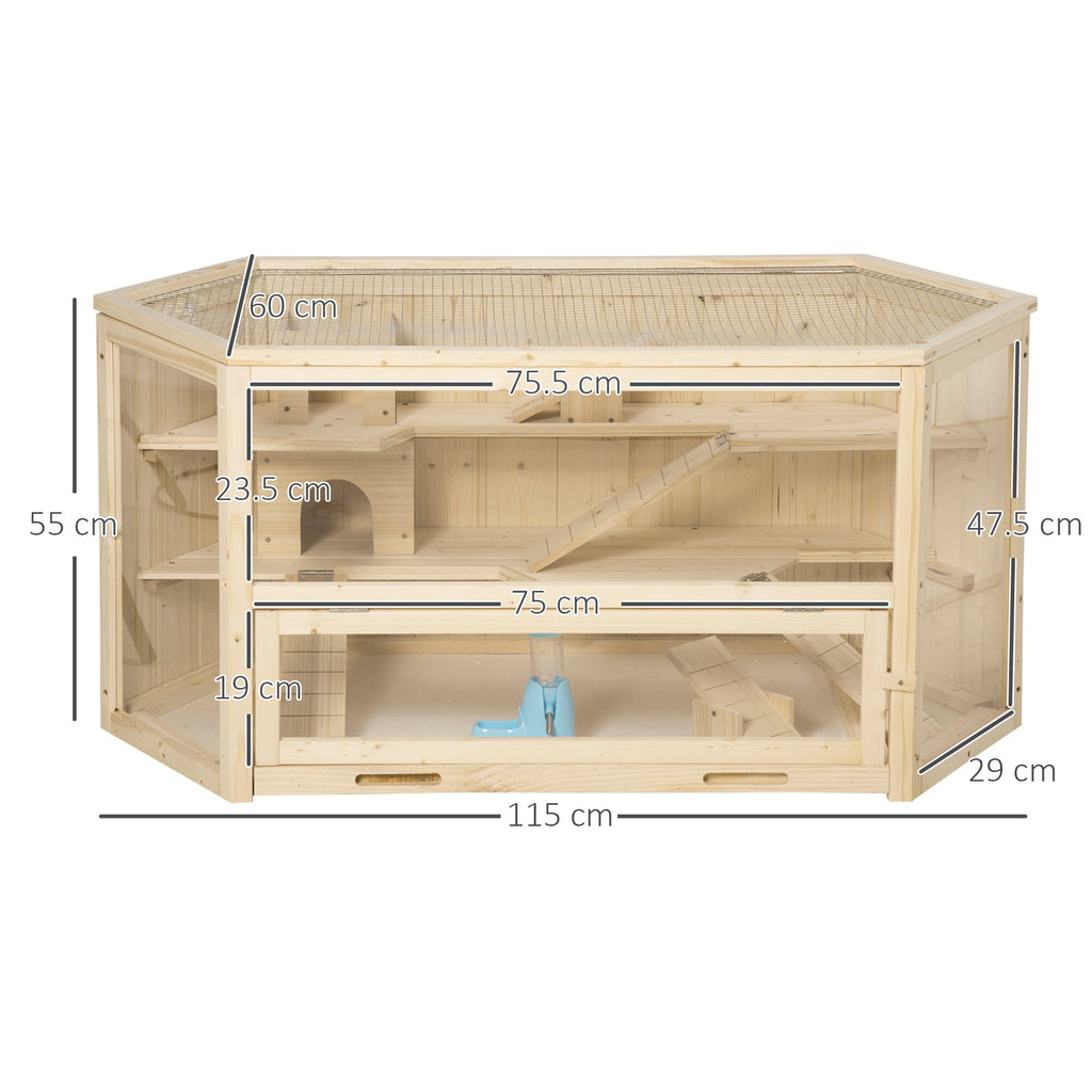 EASYCOMFORT 3-level wooden hamster house with opening roof and transparent wall, 115x60x55cm