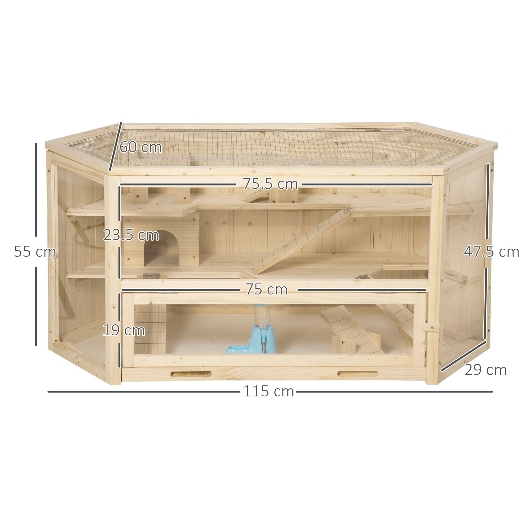 EASYCOMFORT 3-level wooden hamster house with opening roof and transparent wall, 115x60x55cm