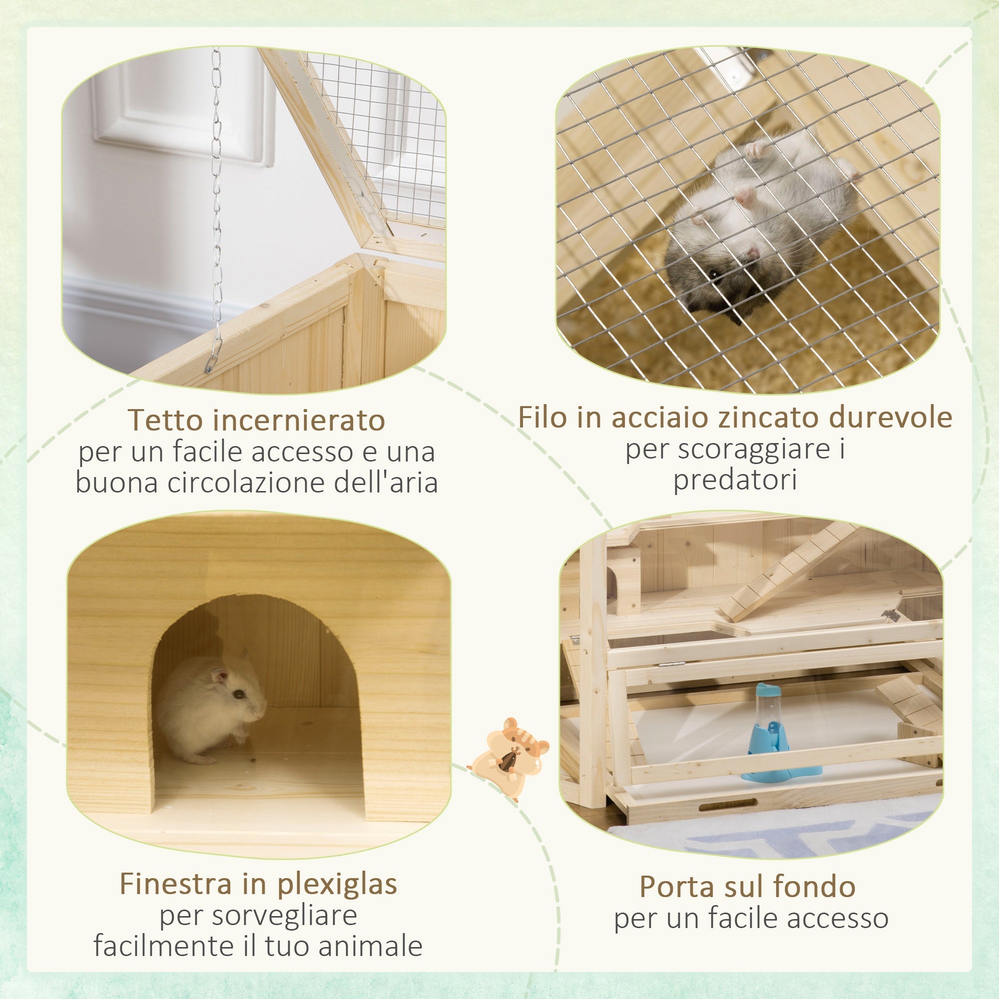 EASYCOMFORT 3-level wooden hamster house with opening roof and transparent wall, 115x60x55cm