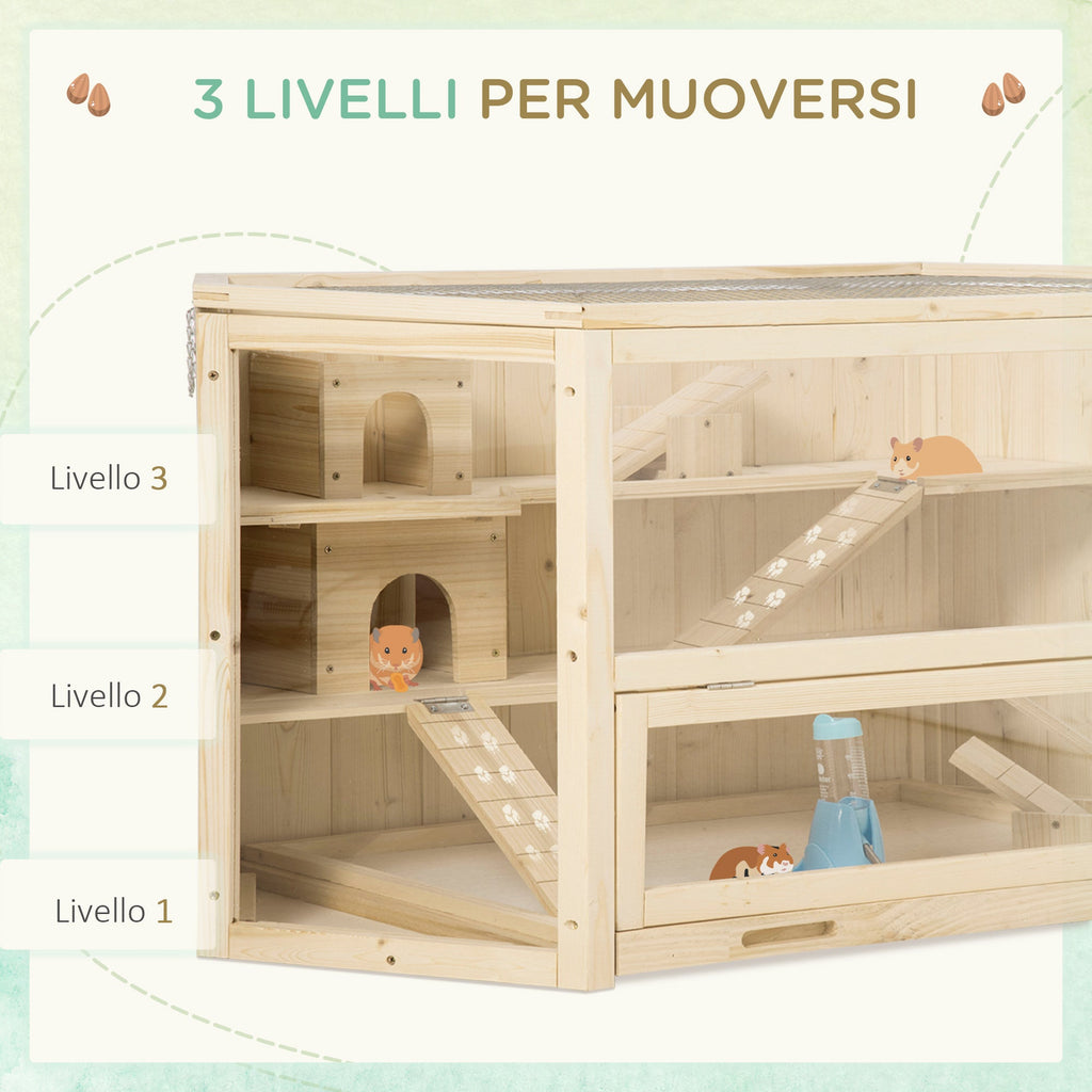 EASYCOMFORT 3-level wooden hamster house with opening roof and transparent wall, 115x60x55cm