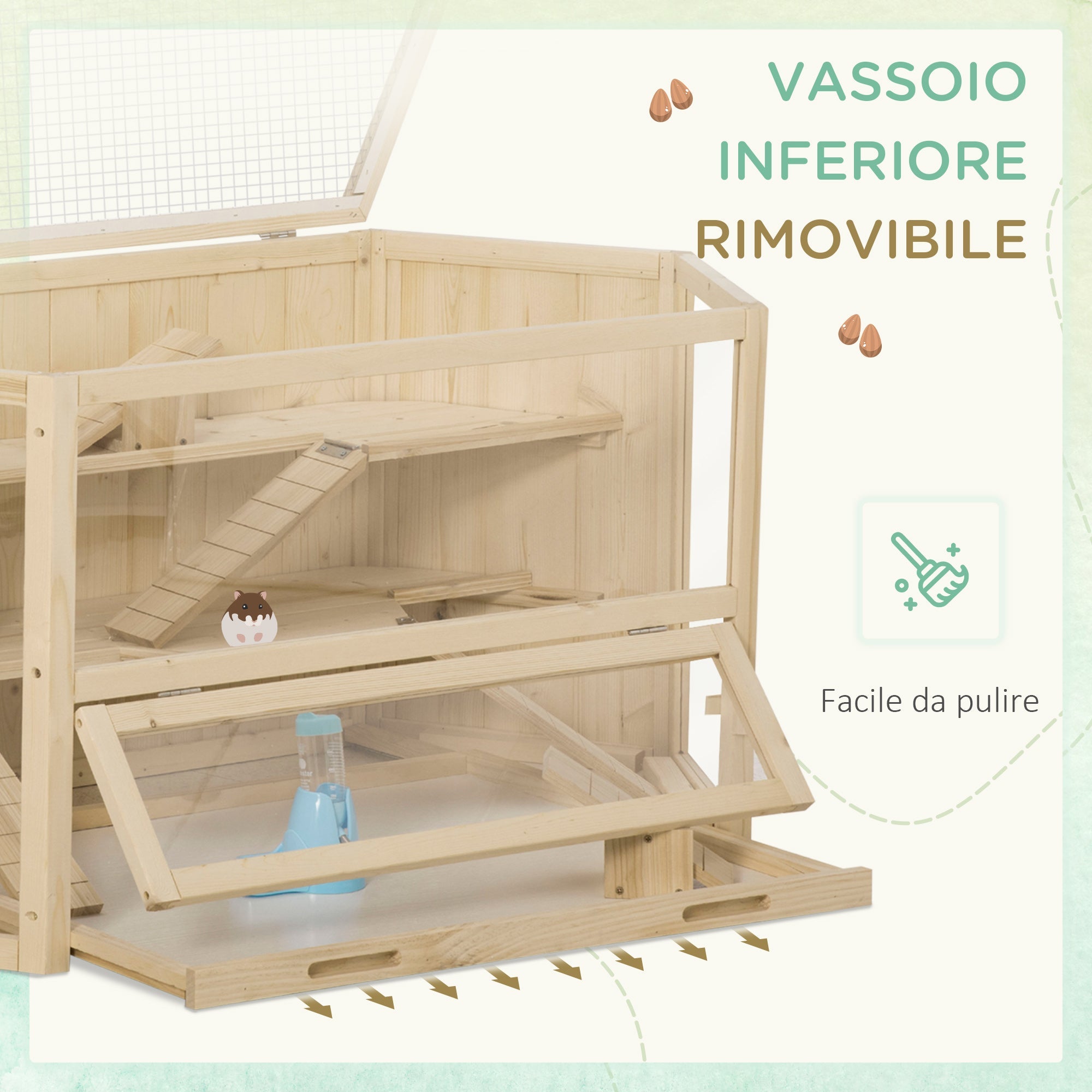 EASYCOMFORT 3-level wooden hamster house with opening roof and transparent wall, 115x60x55cm