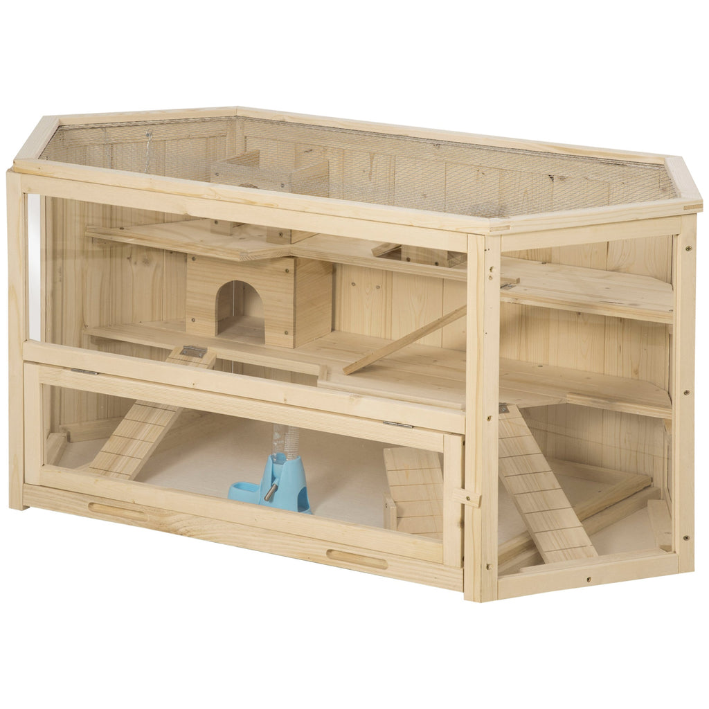 EASYCOMFORT 3-level wooden hamster house with opening roof and transparent wall, 115x60x55cm