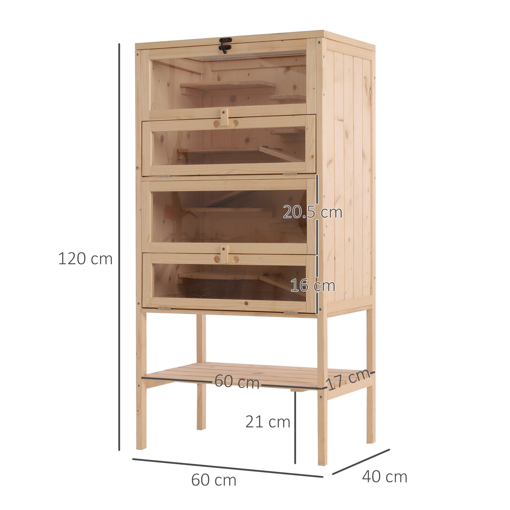 EASYCOMFORT Cage for Hamsters Rodents Guinea Pigs in Solid Wood Opening Roof 4 Shelves Connected with Ramps 60x40x120cm