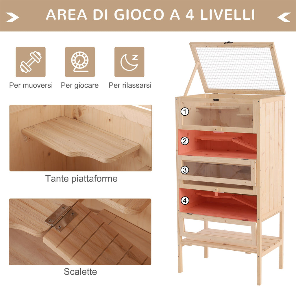 EASYCOMFORT Cage for Hamsters Rodents Guinea Pigs in Solid Wood Opening Roof 4 Shelves Connected with Ramps 60x40x120cm