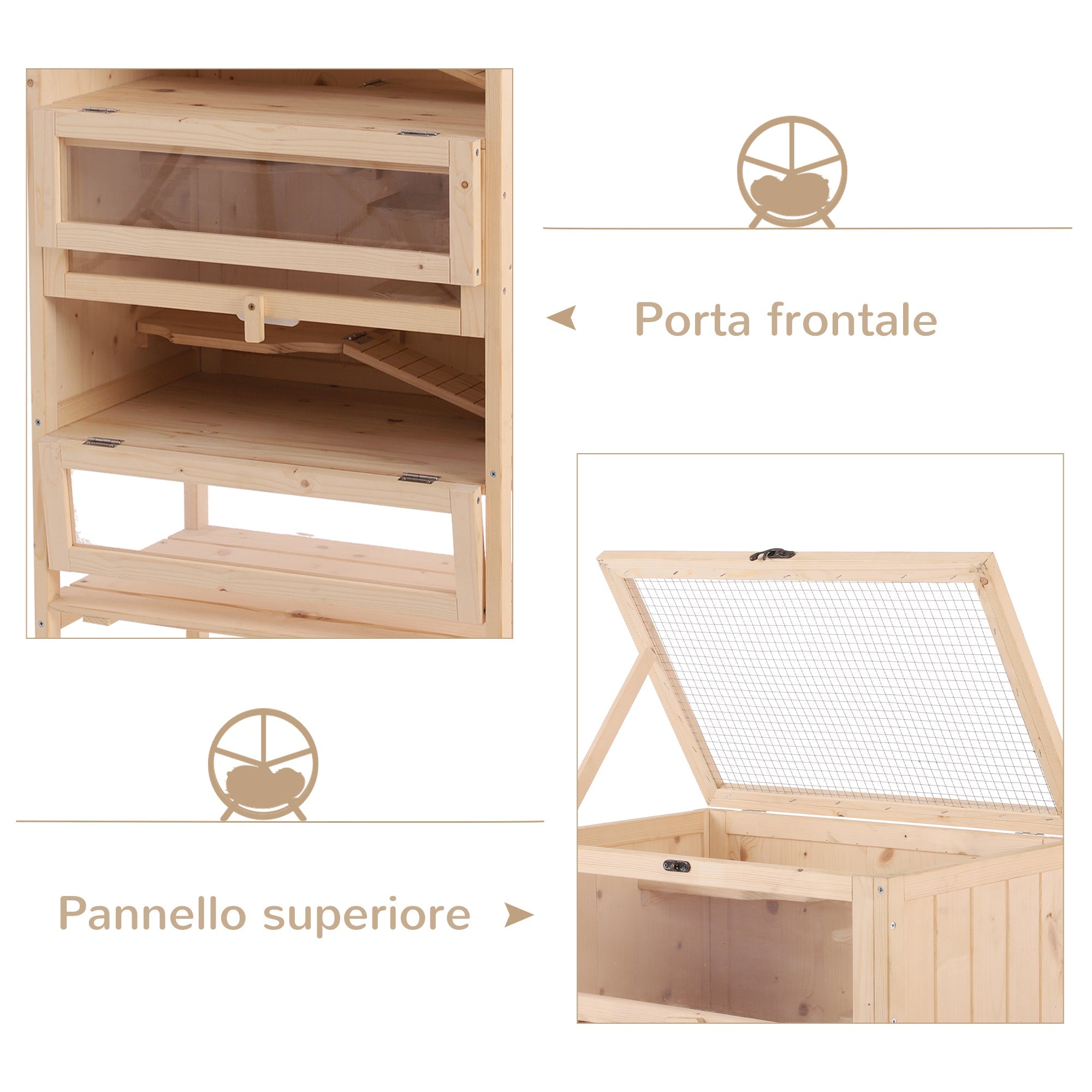 EASYCOMFORT Cage for Hamsters Rodents Guinea Pigs in Solid Wood Opening Roof 4 Shelves Connected with Ramps 60x40x120cm