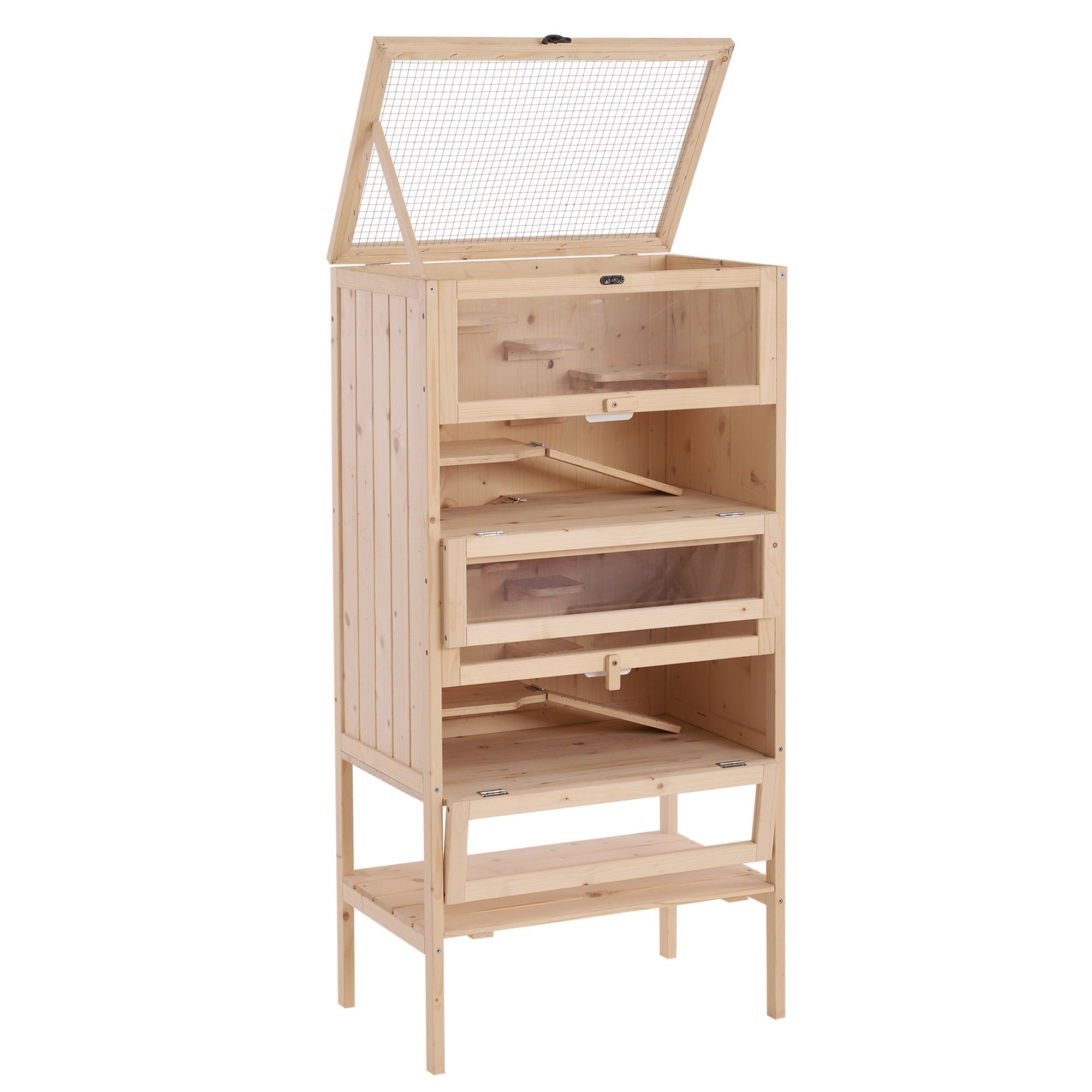 EASYCOMFORT Cage for Hamsters Rodents Guinea Pigs in Solid Wood Opening Roof 4 Shelves Connected with Ramps 60x40x120cm