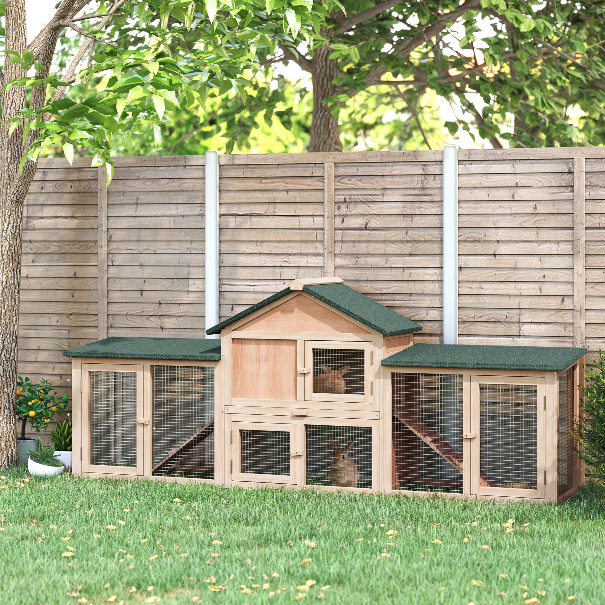 EASYCOMFORT Garden Hutch with Run and Ramps Waterproof Roof, Wood, 210x45.5x84.5cm