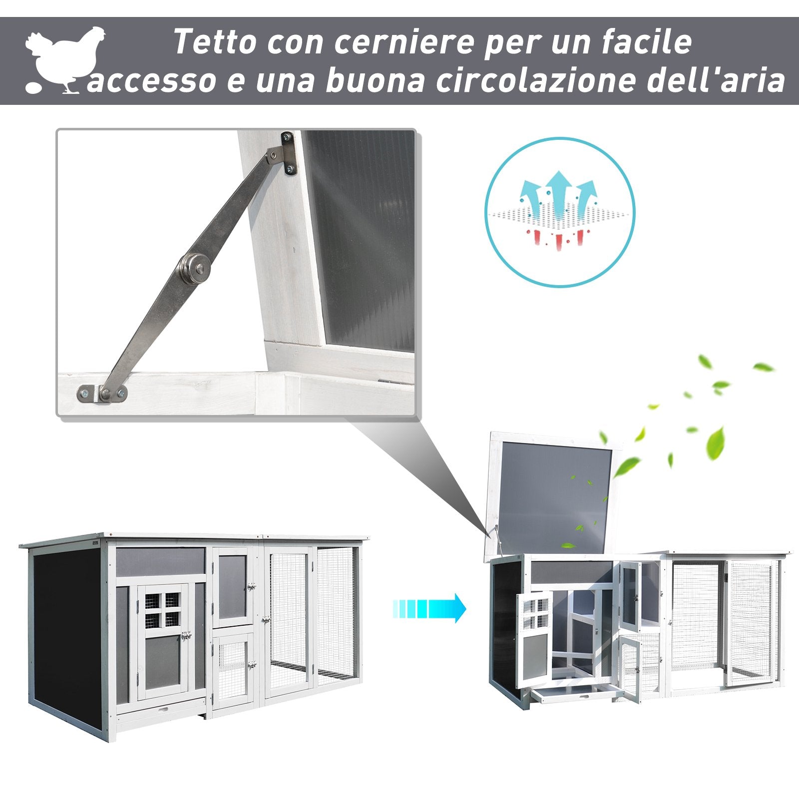 EASYCOMFORT Outdoor Chicken Coop for Laying Hens with Waterproof Roof and Running Area, Wooden Nesting, 160x75x80 cm, Gray and White